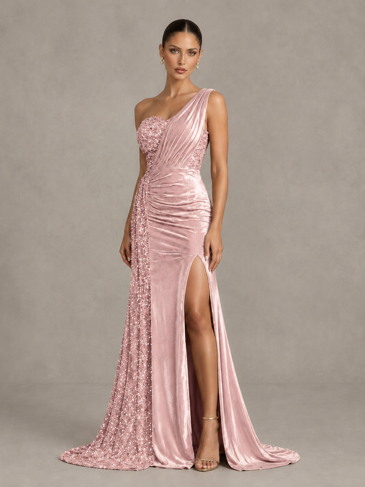 BOLODOO Blush Pink One-Shoulder Satin Sequin Gown with High Slit - Blush Pink - Blush Pink_4