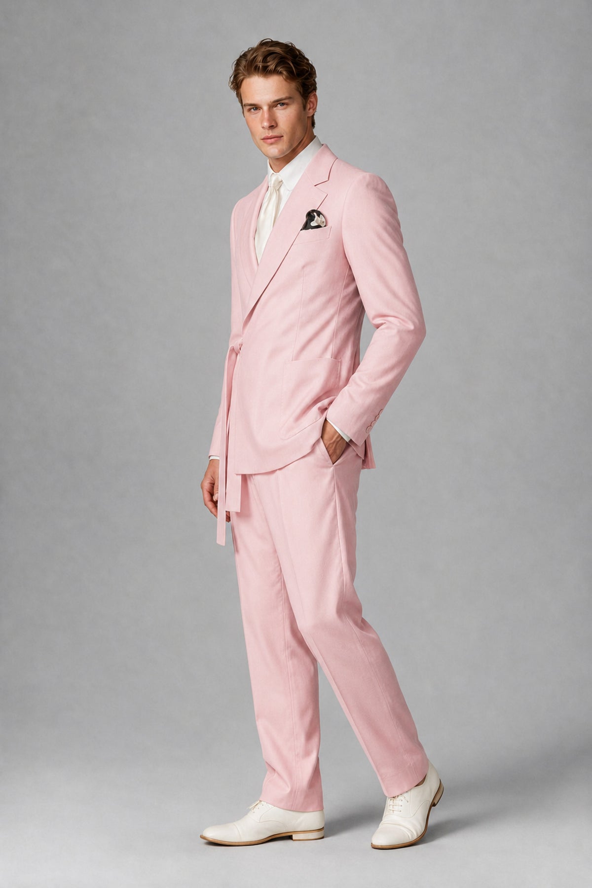 Bolodoo Men's Blush Pink Wrap Tie-Waist Two-Piece Suit – Jacket & Trousers - Blush Pink - Blush Pink_4