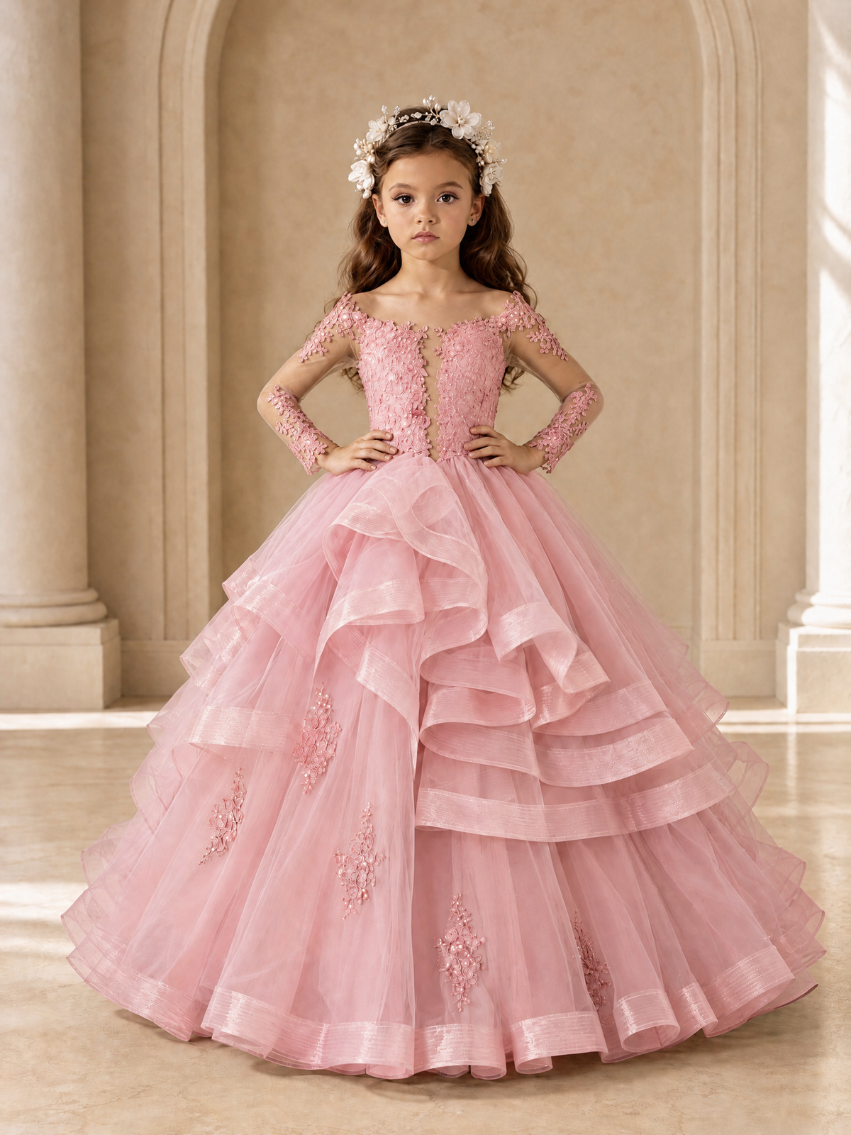BOLODOO Blush Pink Lace Long Sleeve Tiered Flower Girl Dress - Blush Pink - Blush_Pink_4