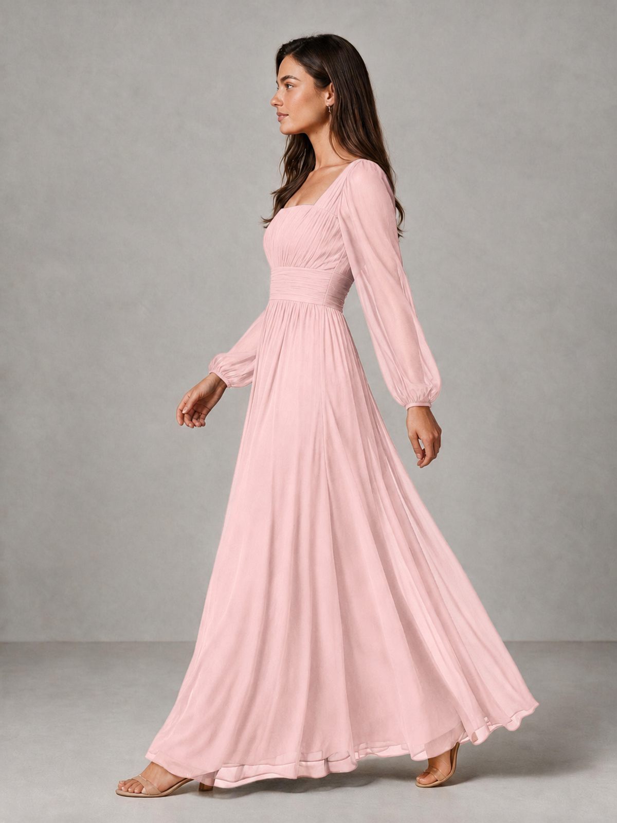 BOLODOO Blush Pink Square Neck Long Sleeve Chiffon Bridesmaid Dress - Blush Pink - Blush Pink_4