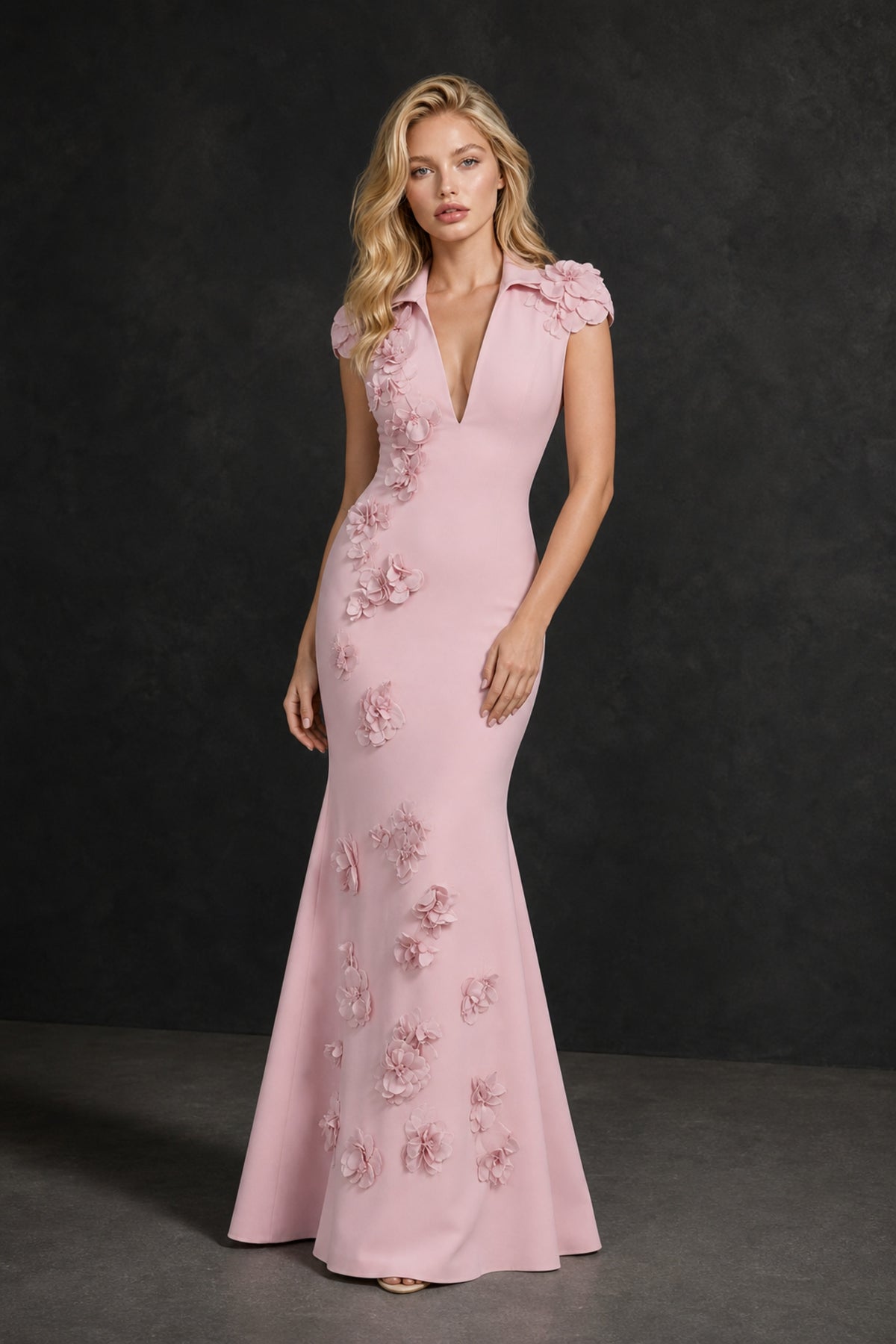 BOLODOO Blush Pink 3D Floral Appliqué Deep V-Neck Cap Sleeve Mermaid Gown - Blush Pink