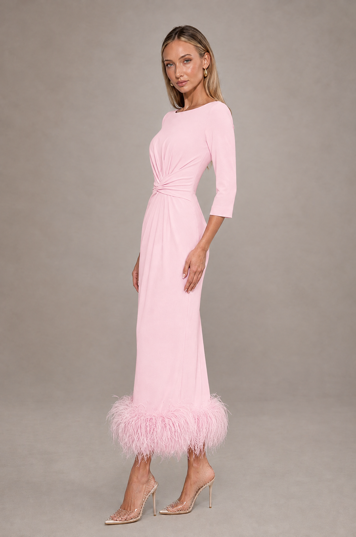 BOLODOO Blush Pink Feather-Trim Twist-Waist Midi Dress - Blush Pink - Blush_Pink_4