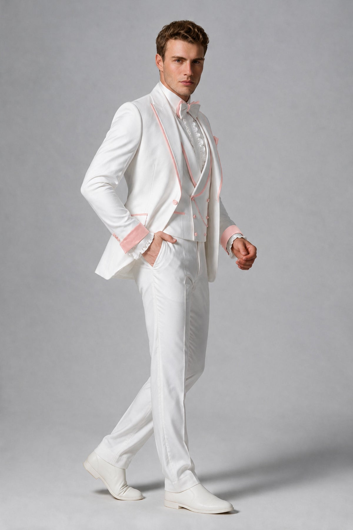 Bolodoo Men's White and Blush Pink Three-Piece Wedding Tuxedo Suit - Blush Pink - Blush Pink_4