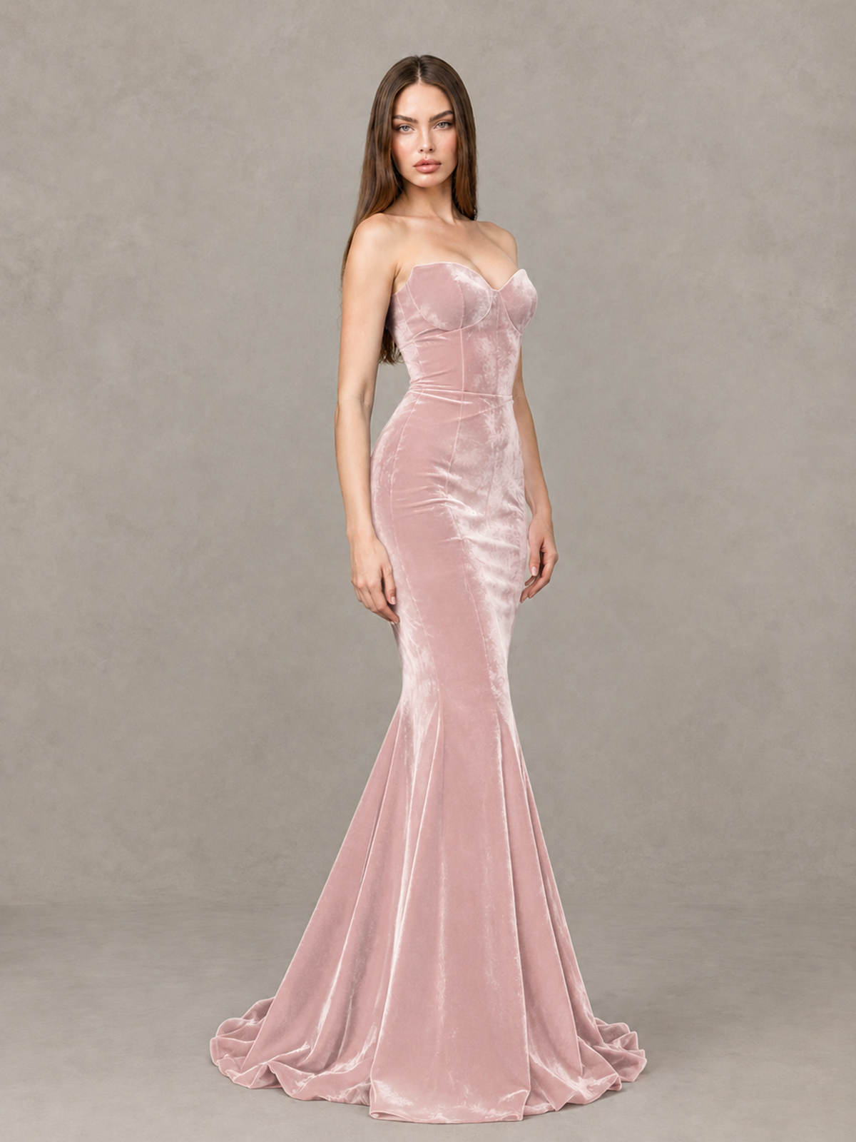 BOLODOO Blush Pink Strapless Sweetheart Velvet-Look Mermaid Evening Dress - Blush Pink - Blush Pink_4