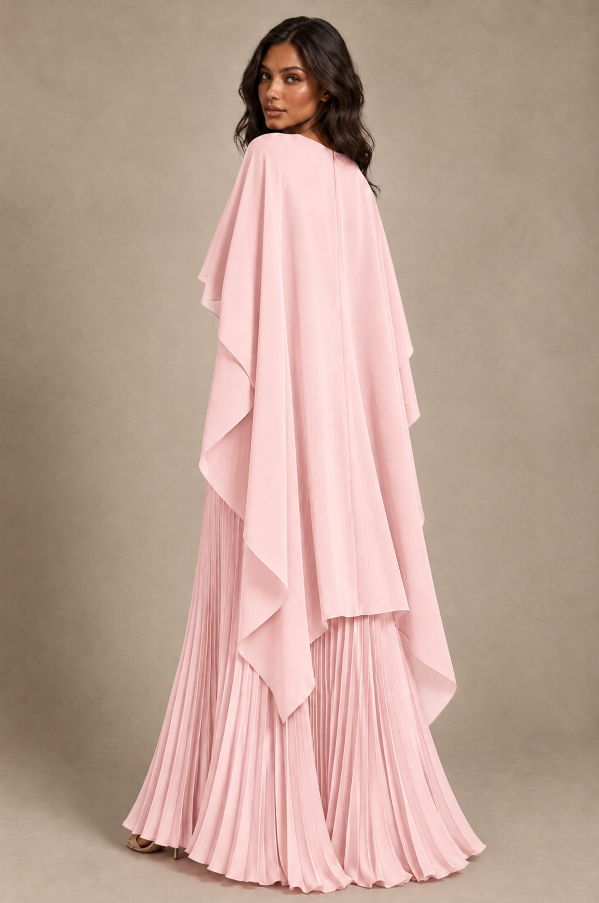 BOLODOO Blush Pink Pleated Cape A-Line Evening Dress - Blush Pink - Blush_Pink_4