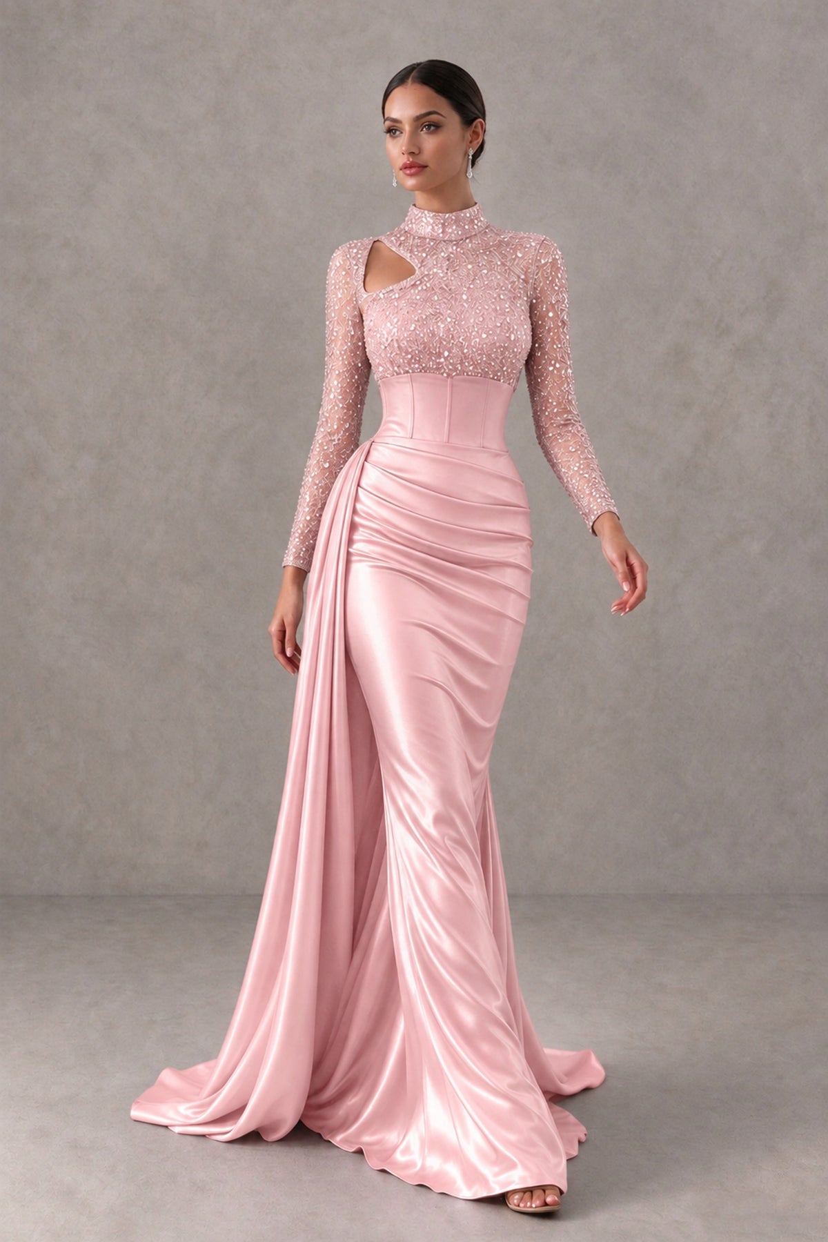 BOLODOO Blush Pink Long Sleeve Embellished Satin Mermaid Evening Gown - Blush Pink - Blush Pink_4