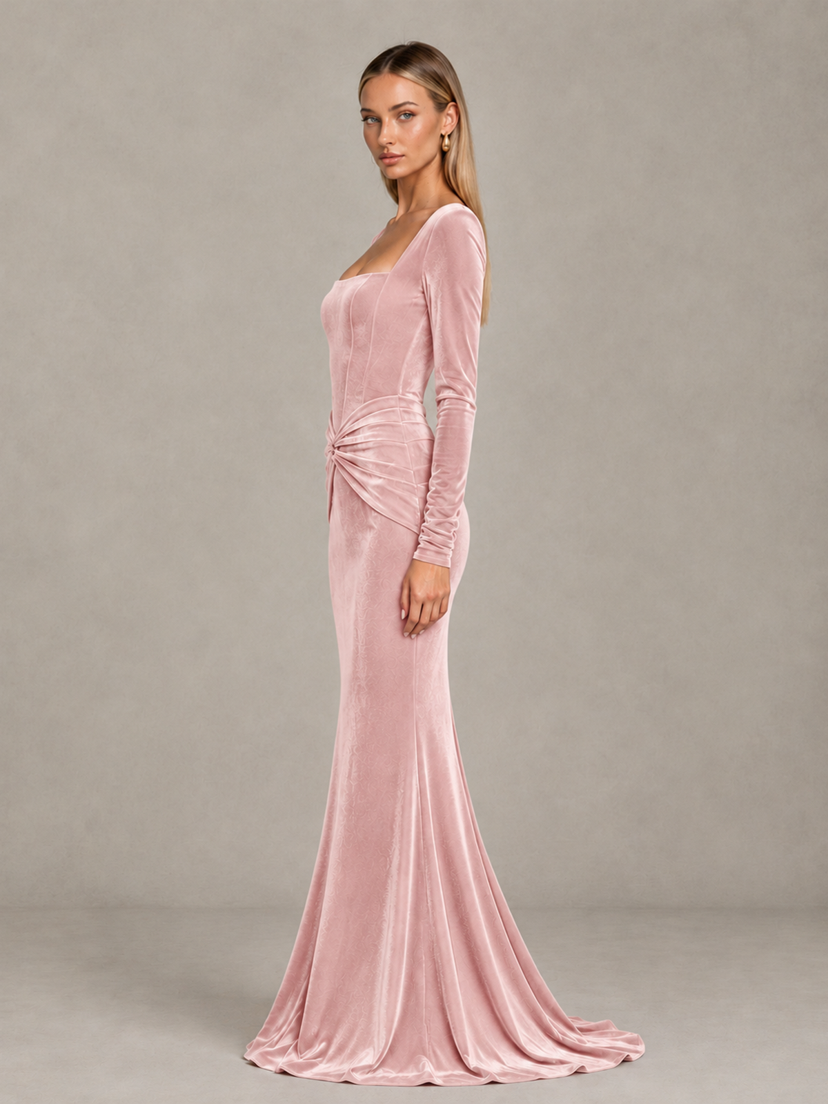 BOLODOO Blush Pink Velvet-Look Square Neck Long Sleeve Mermaid Evening Dress - Blush Pink - Blush Pink_4