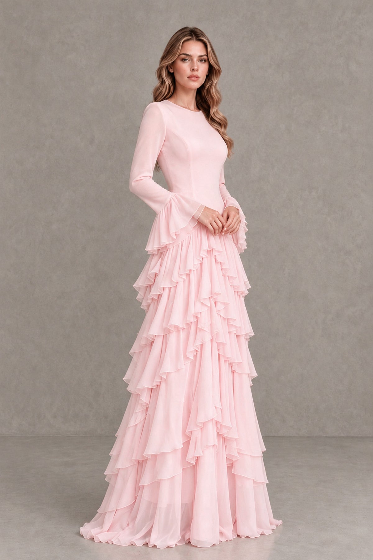 Blush Pink Long Sleeve Tiered Ruffle Evening Gown - Blush Pink - Blush Pink_4