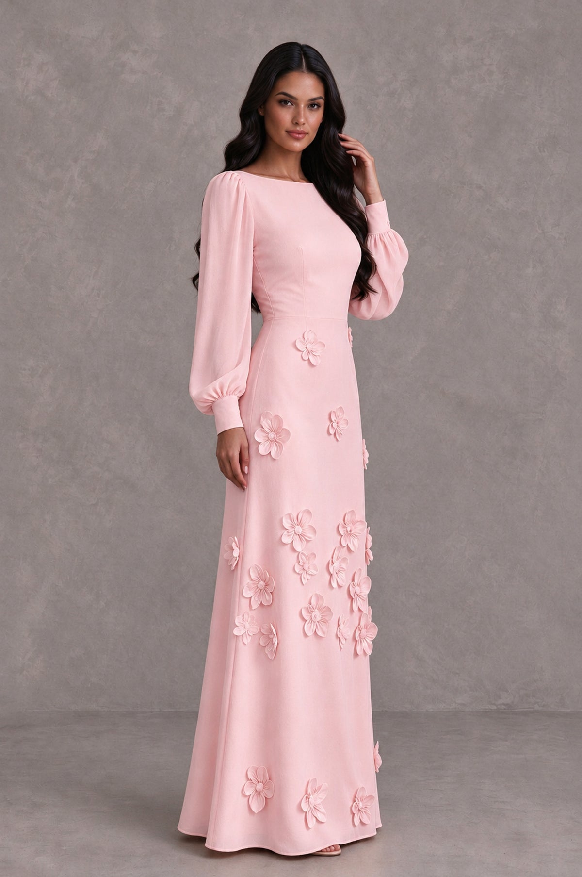 BOLODOO Blush Pink Long Sleeve Floral Applique A-Line Evening Dress - Blush Pink - Blush Pink_4