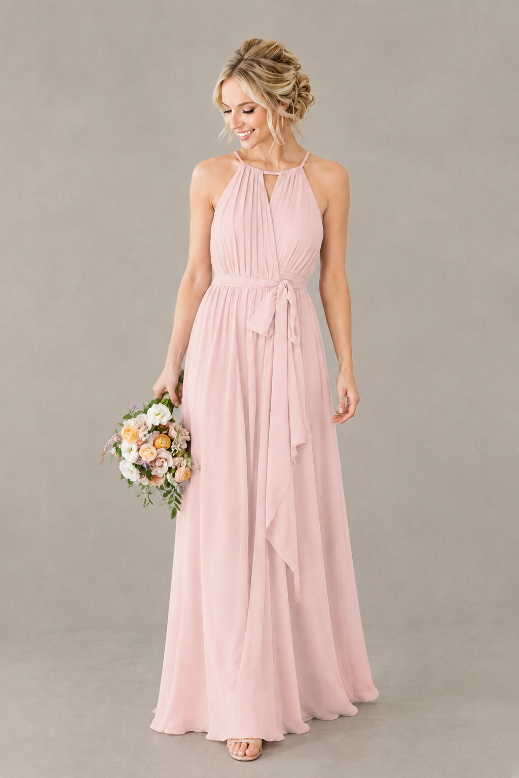 BOLODOO Blush Pink Halter Chiffon Bridesmaid Dress with High Slit - Blush Pink