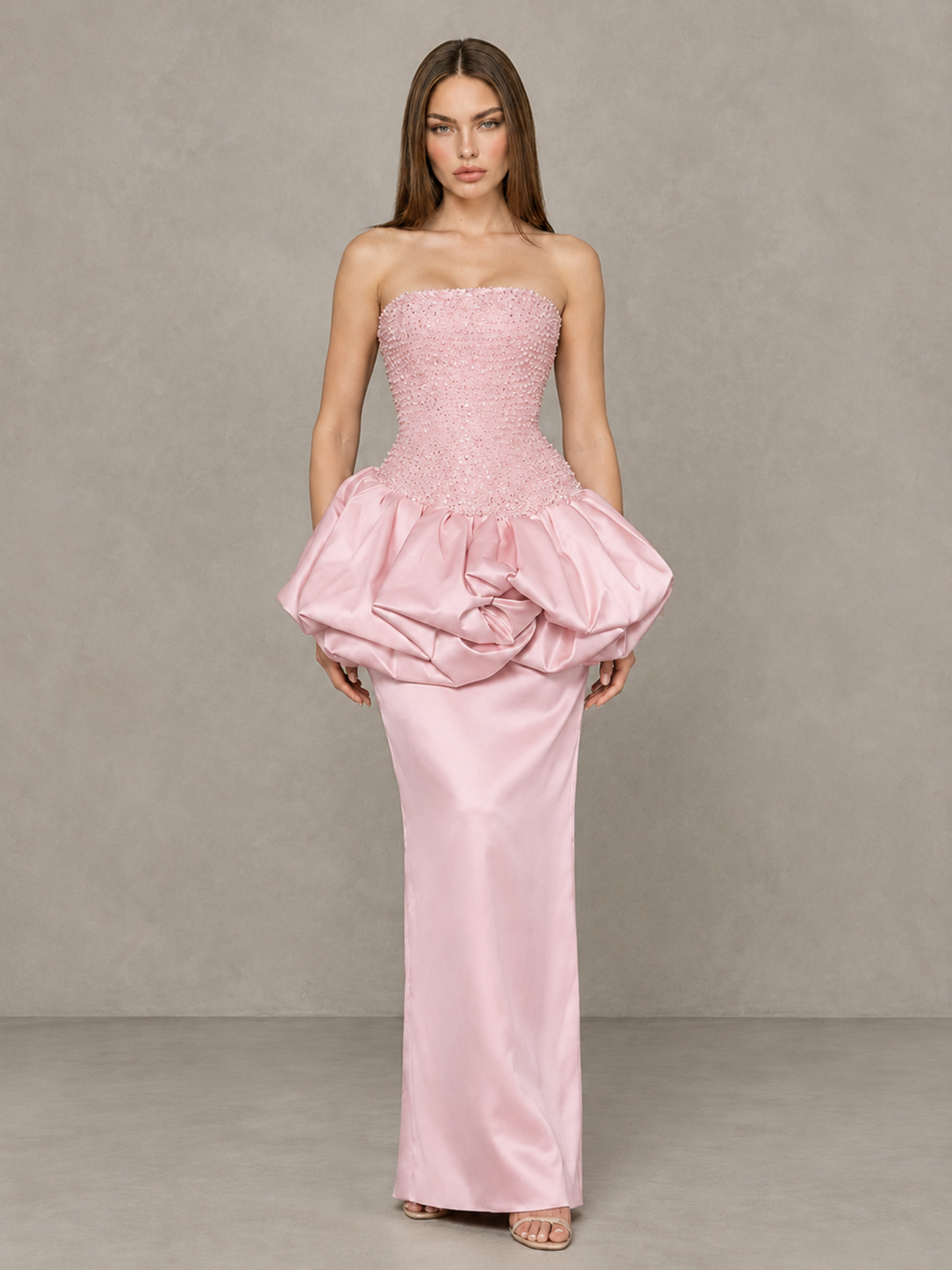 BOLODOO Blush Pink Strapless Embellished Bubble Peplum Evening Dress - Blush Pink - Blush Pink (1)