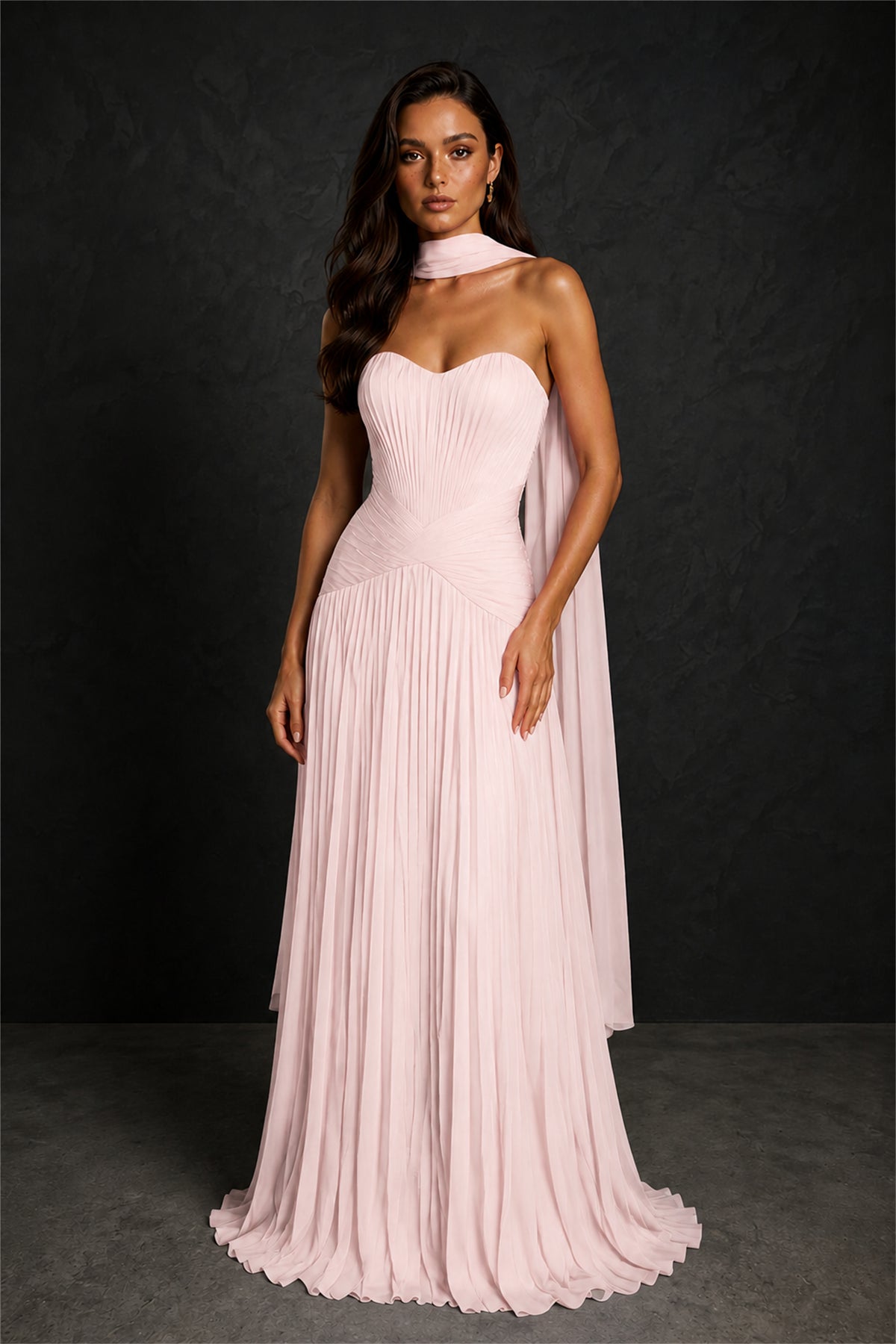 BOLODOO Blush Pink Sweetheart Strapless Neck Scarf Pleated Backless A-Line Chiffon Maxi Dress - Blush Pink