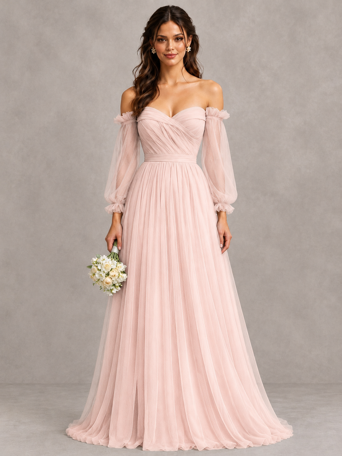 BOLODOO Blush Pink Off-the-Shoulder Long Sleeve A-Line Bridesmaid Dress - Blush Pink - Blush Pink (1)
