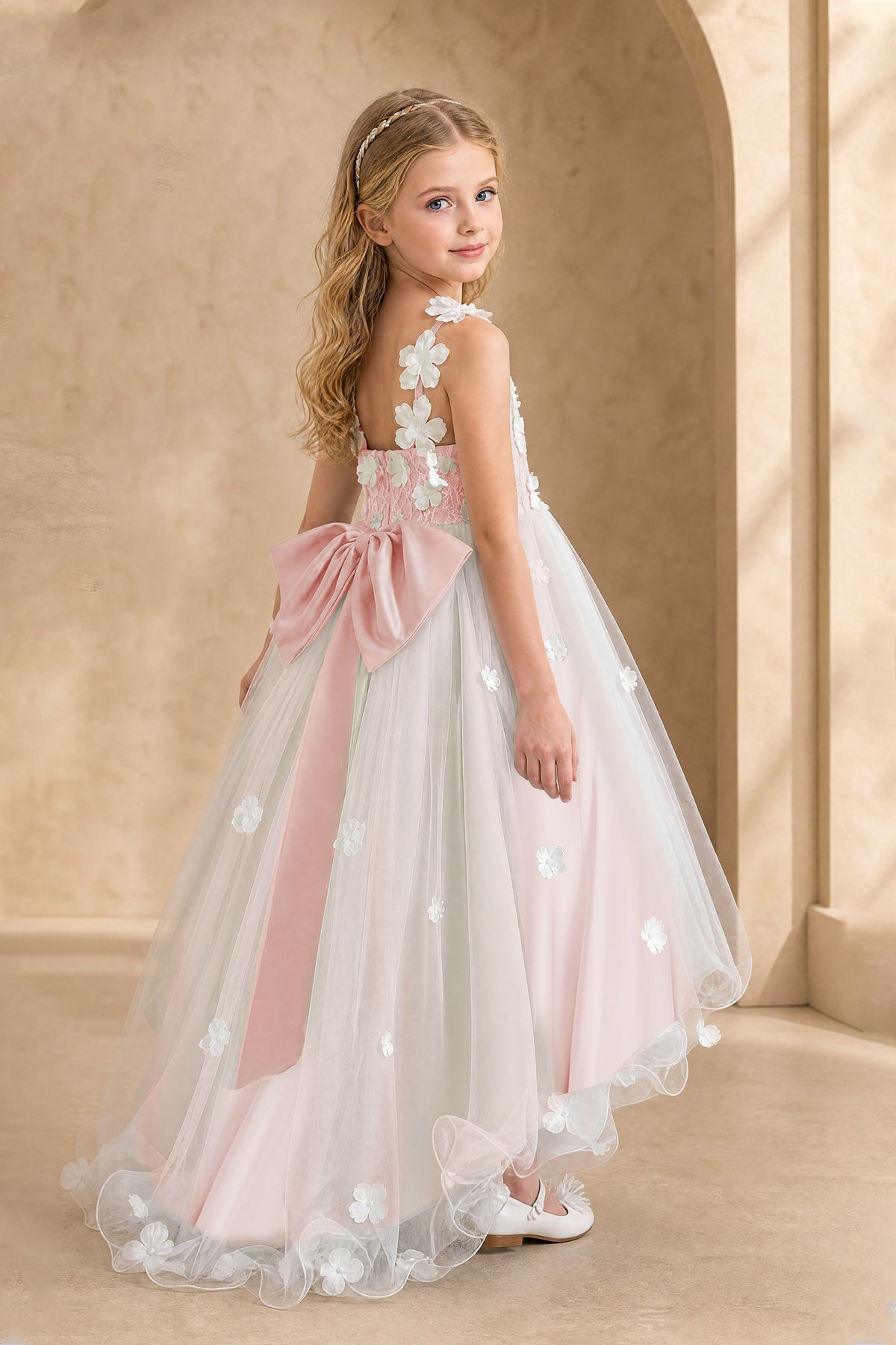 BOLODOO Blush Pink Flower Girl Dress with Floral Appliqué and High-Low Tulle Skirt - Blush Pink