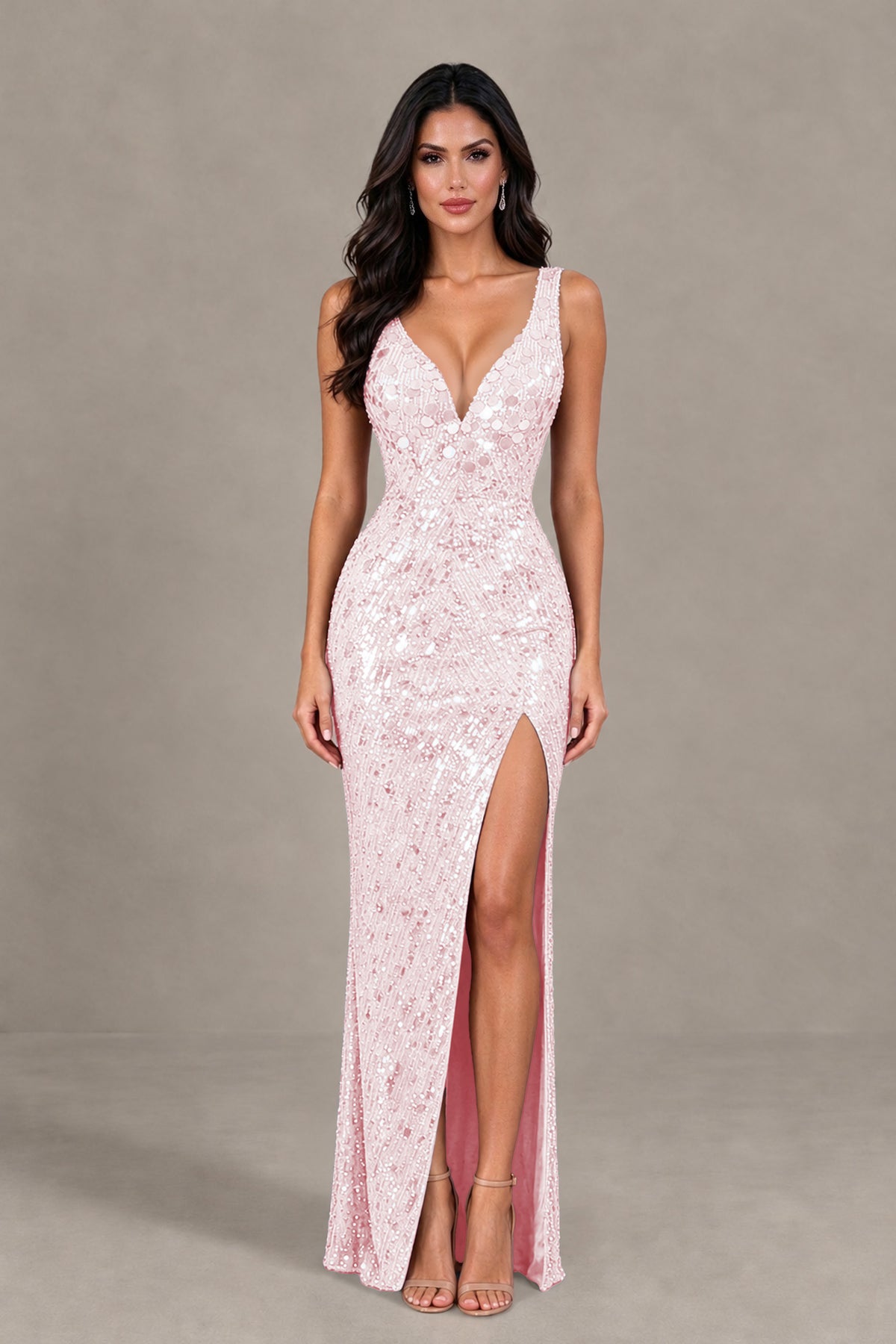 BOLODOO Blush Pink Sequin Deep V-Neck Lace-Up Back High-Slit Evening Dress - Blush Pink - Blush Pink (1)