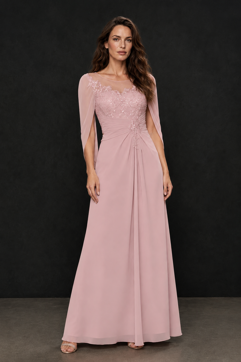 BOLODOO Blush Pink Illusion Lace One-Side Cape Sleeve Beaded Chiffon Floor Length Gown | Mother of the Bride Evening Dress - Blush Pink - Blush Pink