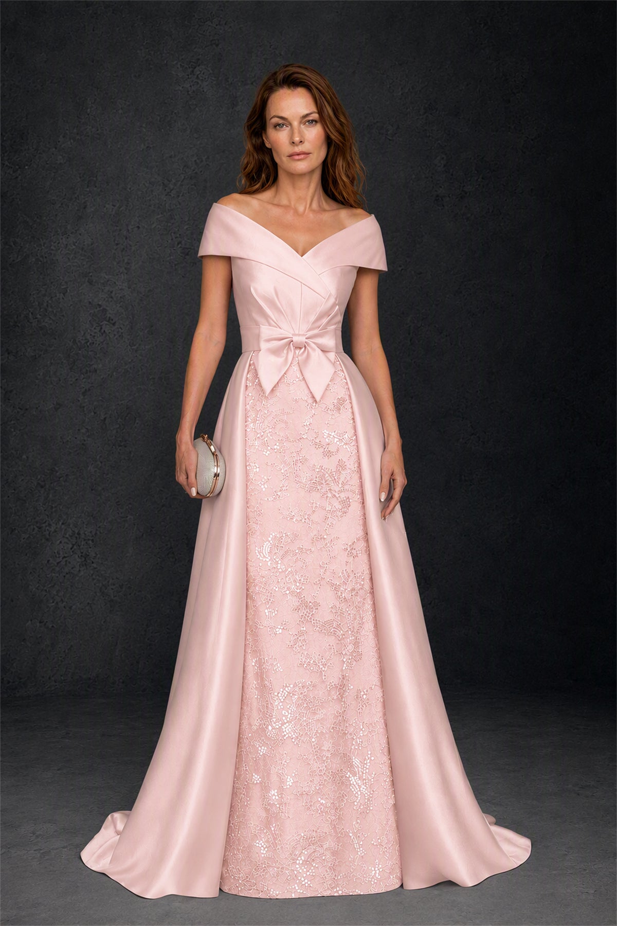 BOLODOO Steel Blush Pink Off-Shoulder Satin Sequin Lace Mermaid Gown with Detachable Overskirt - Blush Pink