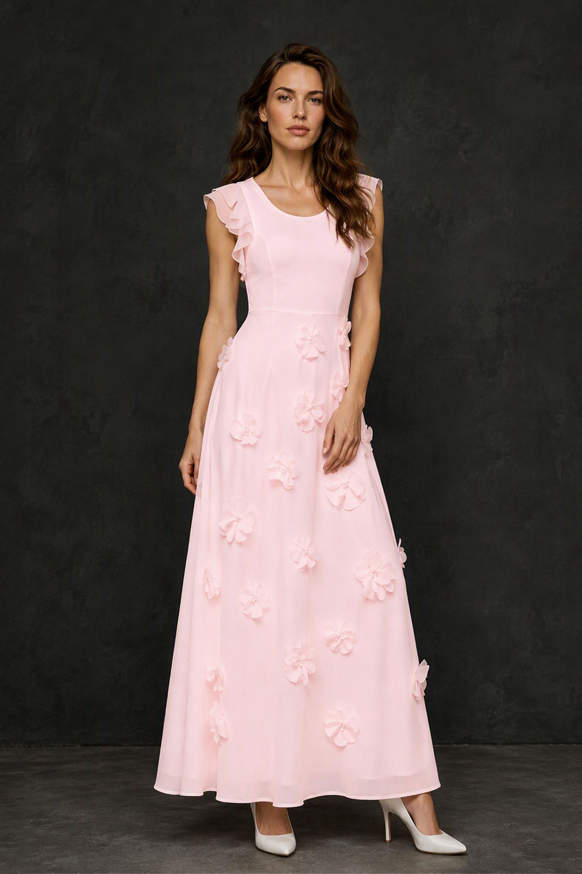 BOLODOO Blush Pink Scoop Neck Flutter Sleeve 3D Floral Appliqué A-Line Chiffon Maxi Dress - Blush Pink