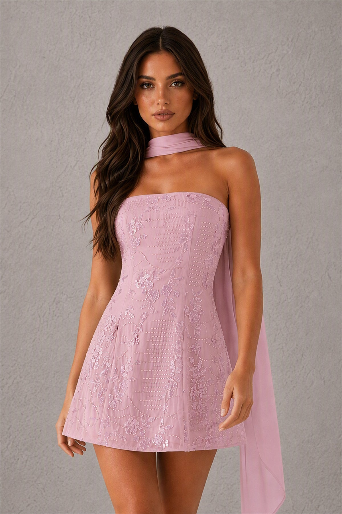 BOLODOO Blush Pink Strapless Sequin Floral Embroidered Mini Dress with Detachable Chiffon Neck Scarf - Blush Pink