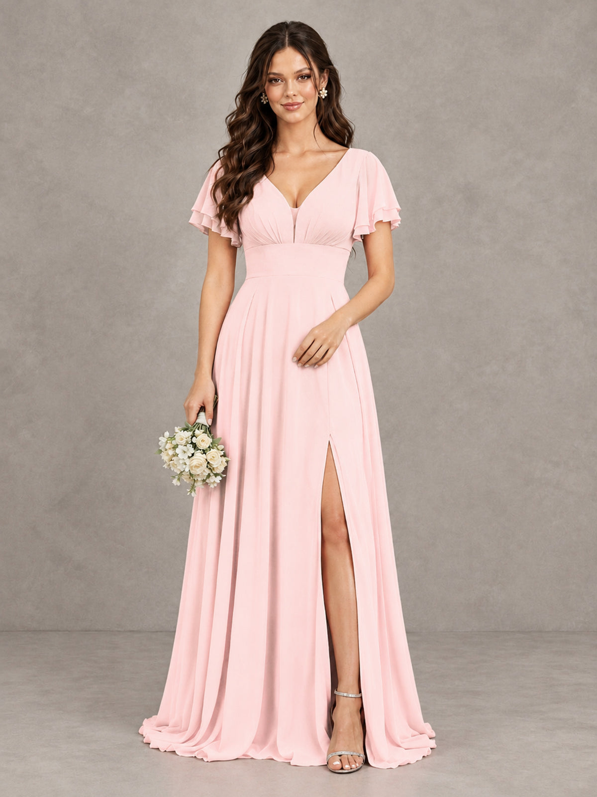 BOLODOO Blush Pink Flutter Sleeve Chiffon A-Line Maxi Bridesmaid Dress with Open Back & Slit - Blush Pink - Blush Pink (1)