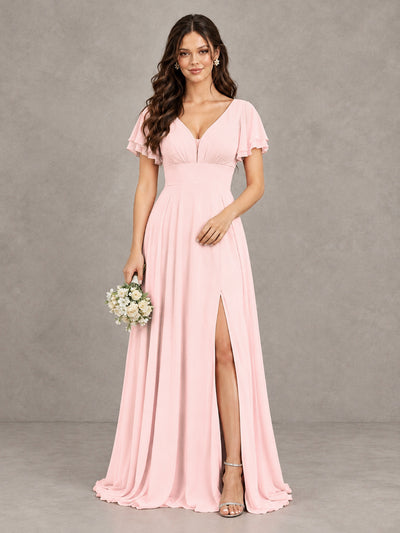 BOLODOO Blush Pink Flutter Sleeve Chiffon A-Line Maxi Bridesmaid Dress with Open Back & Slit - Blush Pink - Blush Pink (1)