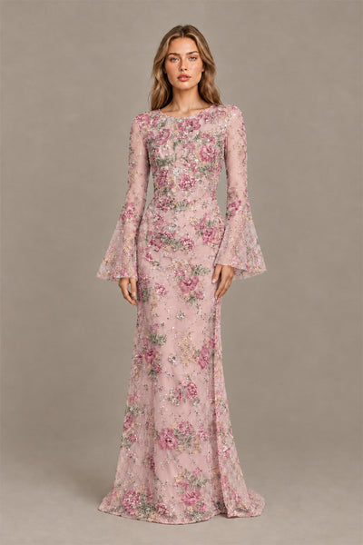 BOLODOO Floral Embroidered Tulle Blush Pink Mermaid Gown with Long Bell Sleeves - Blush Pink