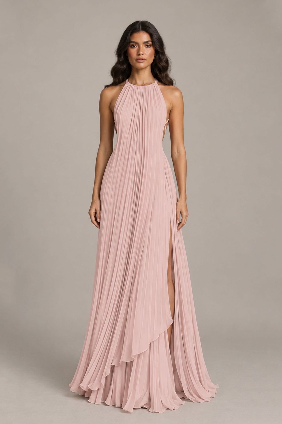 BOLODOO Blush Pink Halter Neck Pleated Chiffon Maxi Dress with Side Slit - Blush Pink