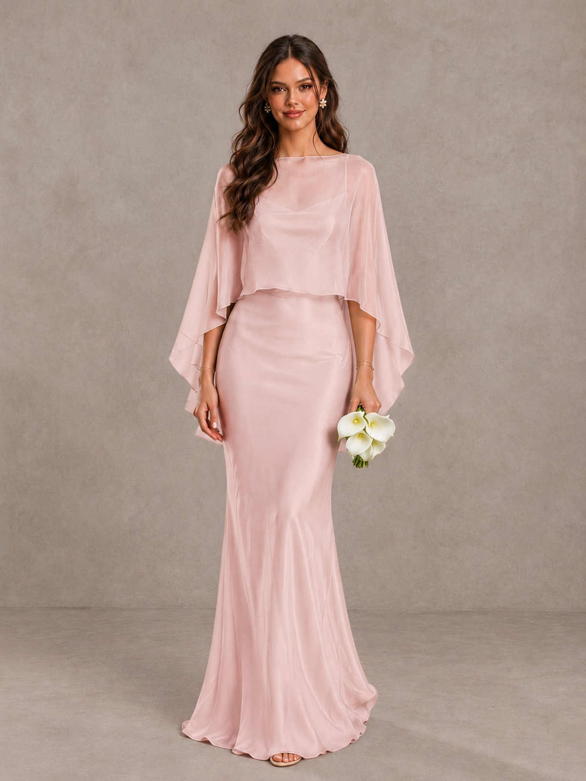 BOLODOO Blush Pink Satin Mermaid Bridesmaid Dress with Chiffon Cape - Blush Pink - Blush Pink (1)