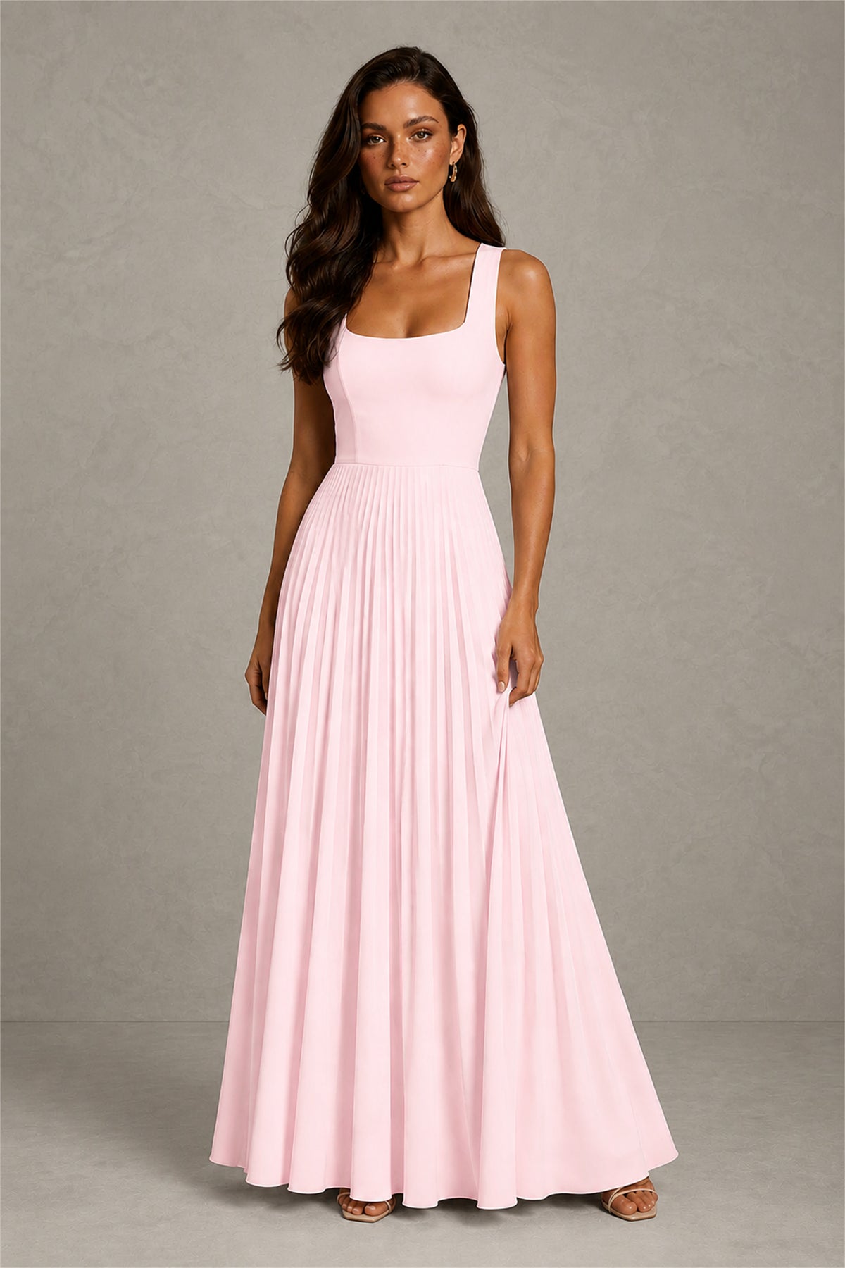 BOLODOO Blush Pink Square Neck Wide Strap Lace-Up Back Pleated A-Line Chiffon Maxi Dress - Blush Pink