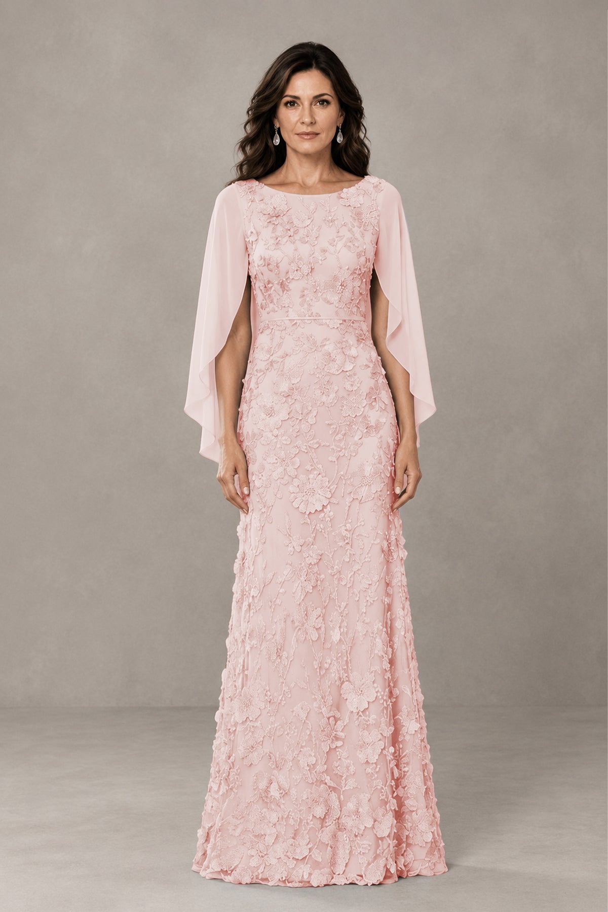 BOLODOO Blush Pink Lace Mother of the Bride Dress with Cape Sleeves - Blush Pink