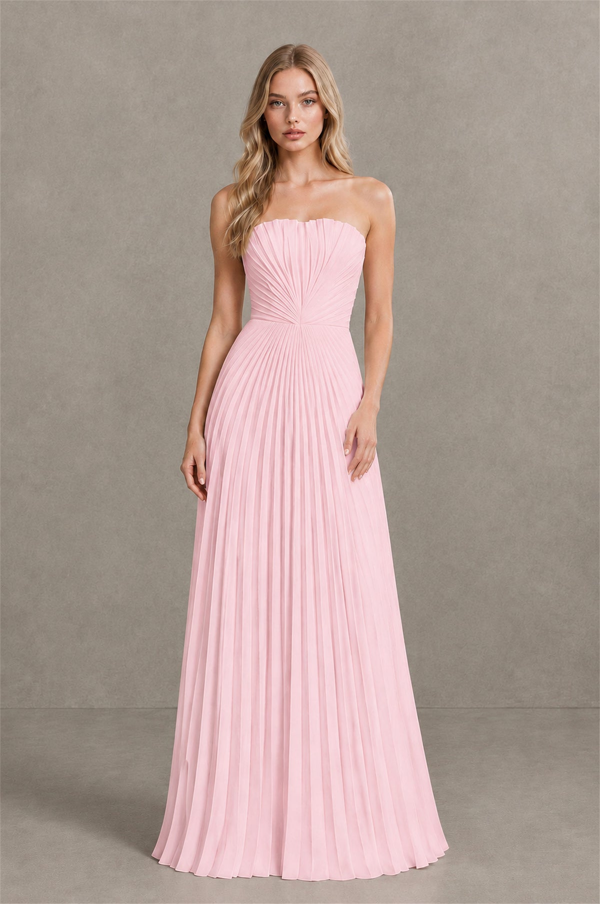 BOLODOO Blush Pink Strapless Sunburst Pleated Twisted Knot Lace-Up Back Accordion Pleated Chiffon Maxi Dress - Blush Pink