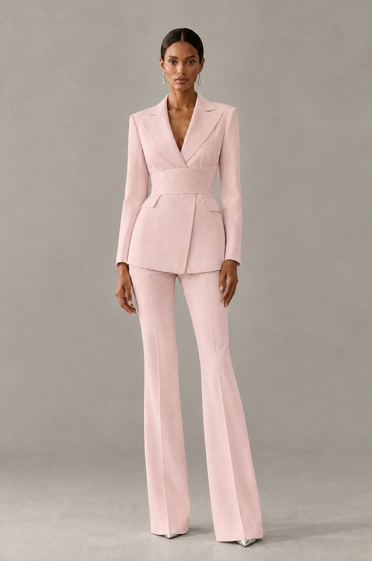 BOLODOO Blush Pink Two-Piece Pantsuit with Tailored Blazer & Flared Pants - Blush Pink - Blush Pink (1)