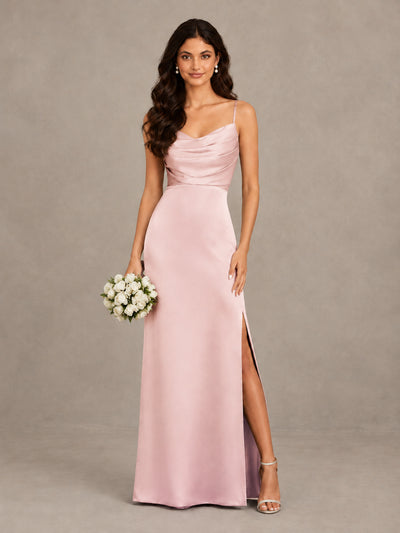 BOLODOO Blush Pink Cowl Neck Satin Bridesmaid Dress with Slit - Blush Pink - Blush Pink (1)