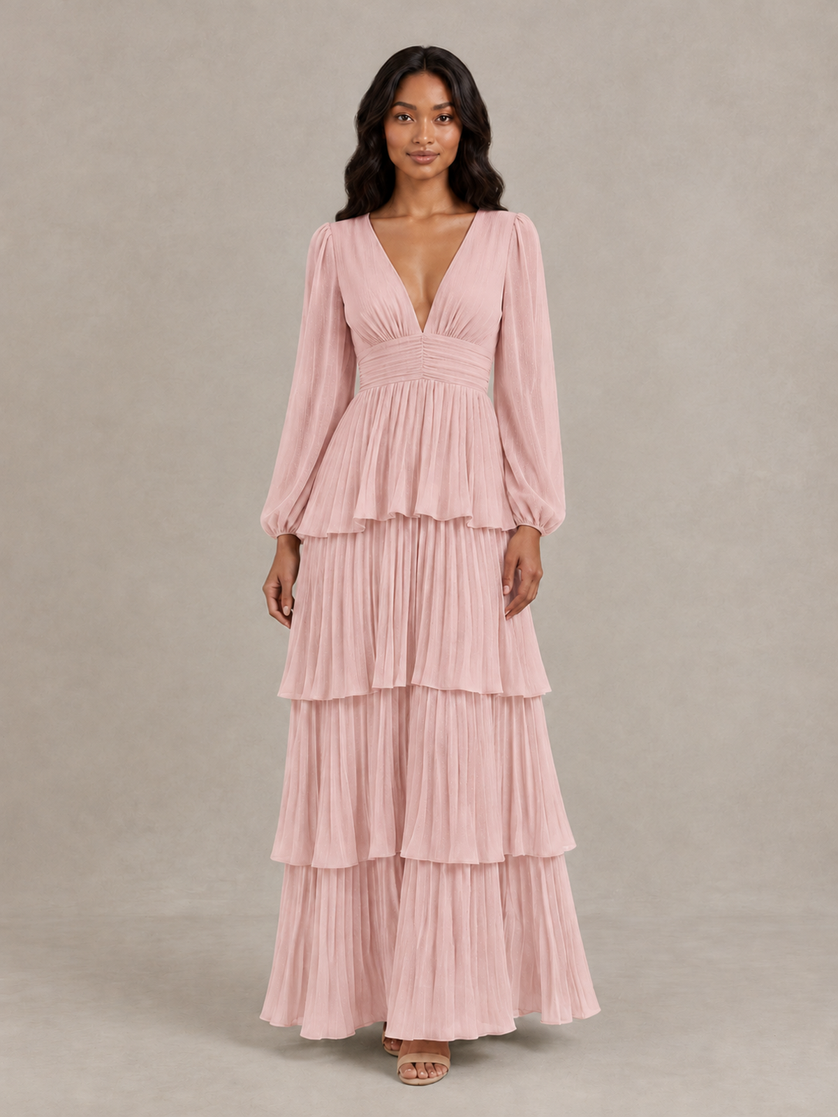 BOLODOO Blush Pink Long-Sleeve Tiered Maxi Dress with Deep V-Neck - Blush Pink