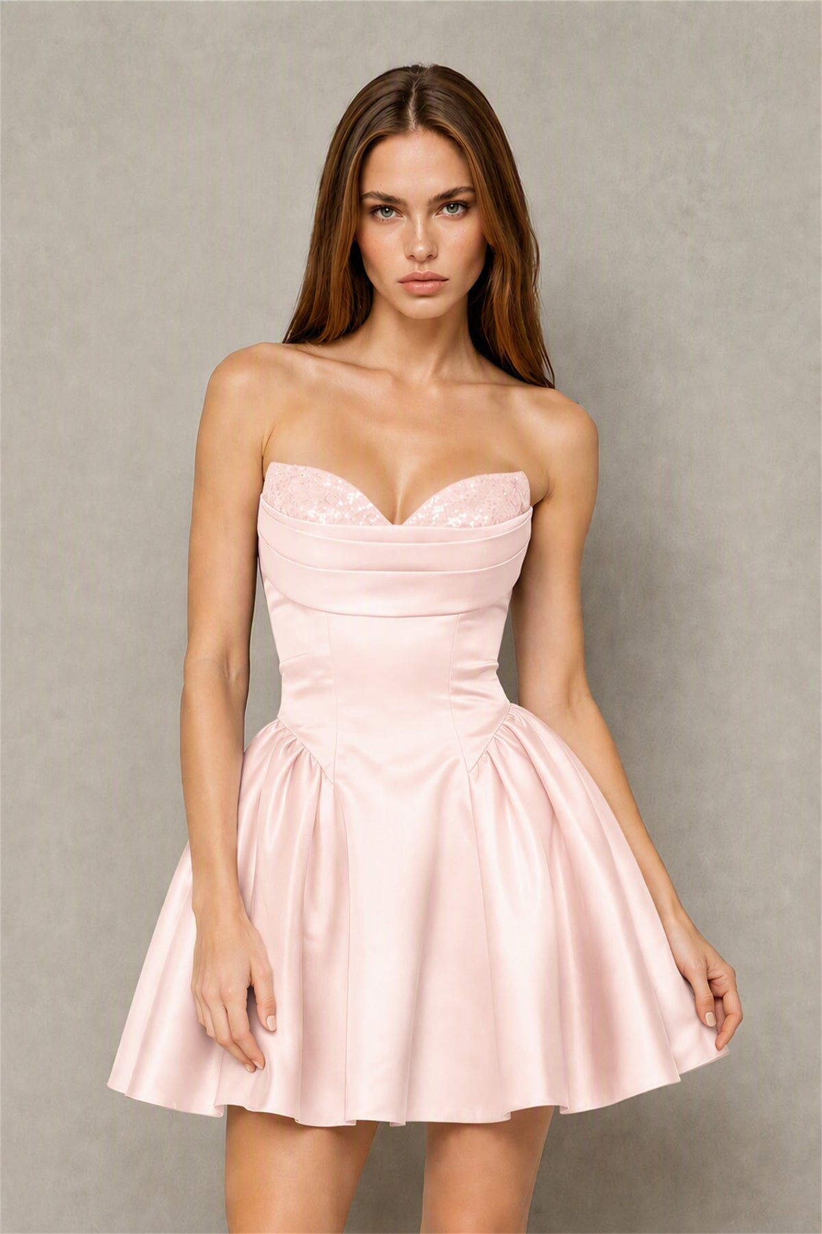 BOLODOO Blush Pink Satin Sequin Sweetheart Strapless Corset Lace-Up Back A-Line Mini Dress | Prom Cocktail Homecoming Dress - Blush Pink