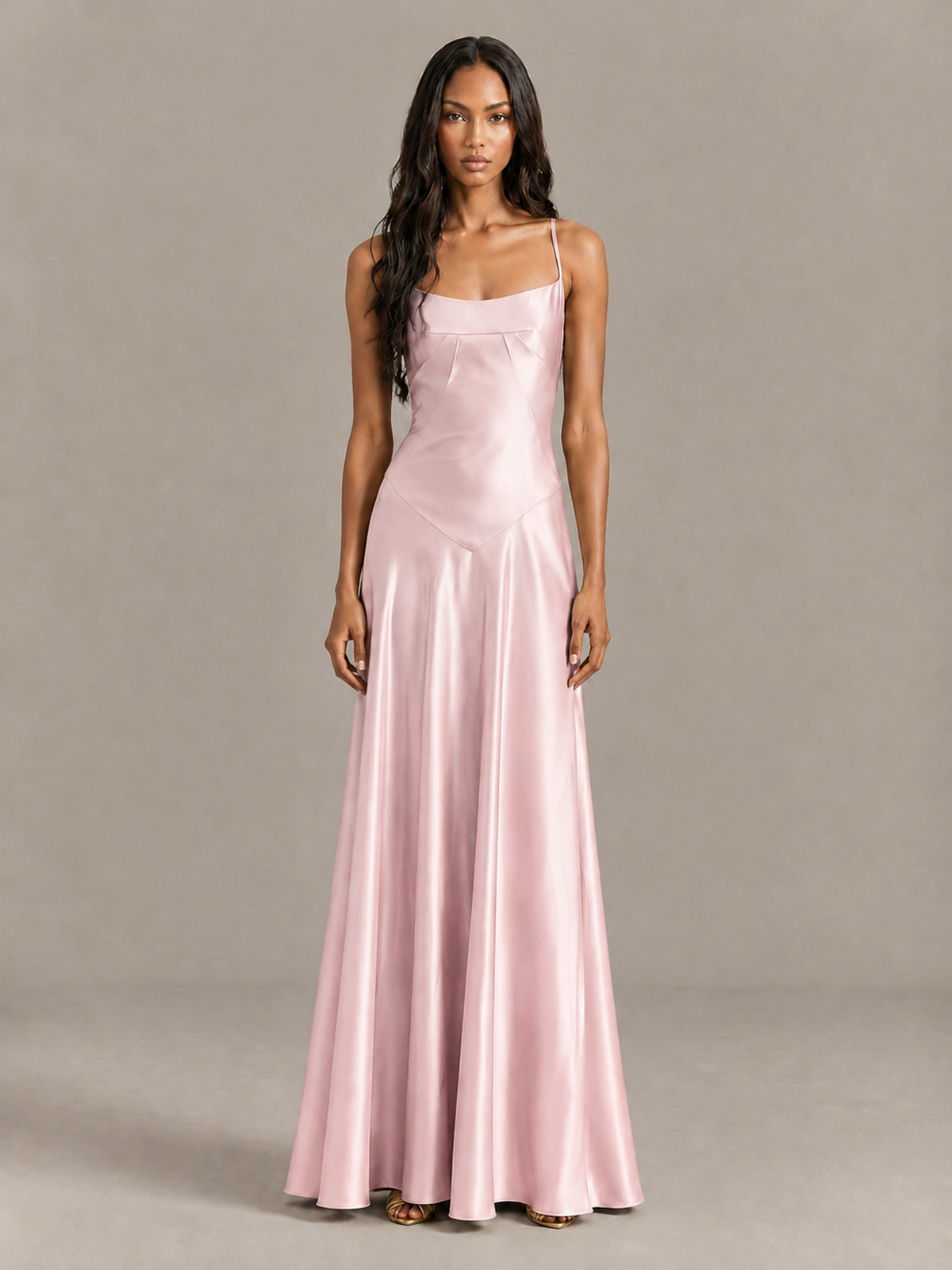BOLODOO Blush Pink Satin Lace-Up Back Maxi Dress - Blush Pink