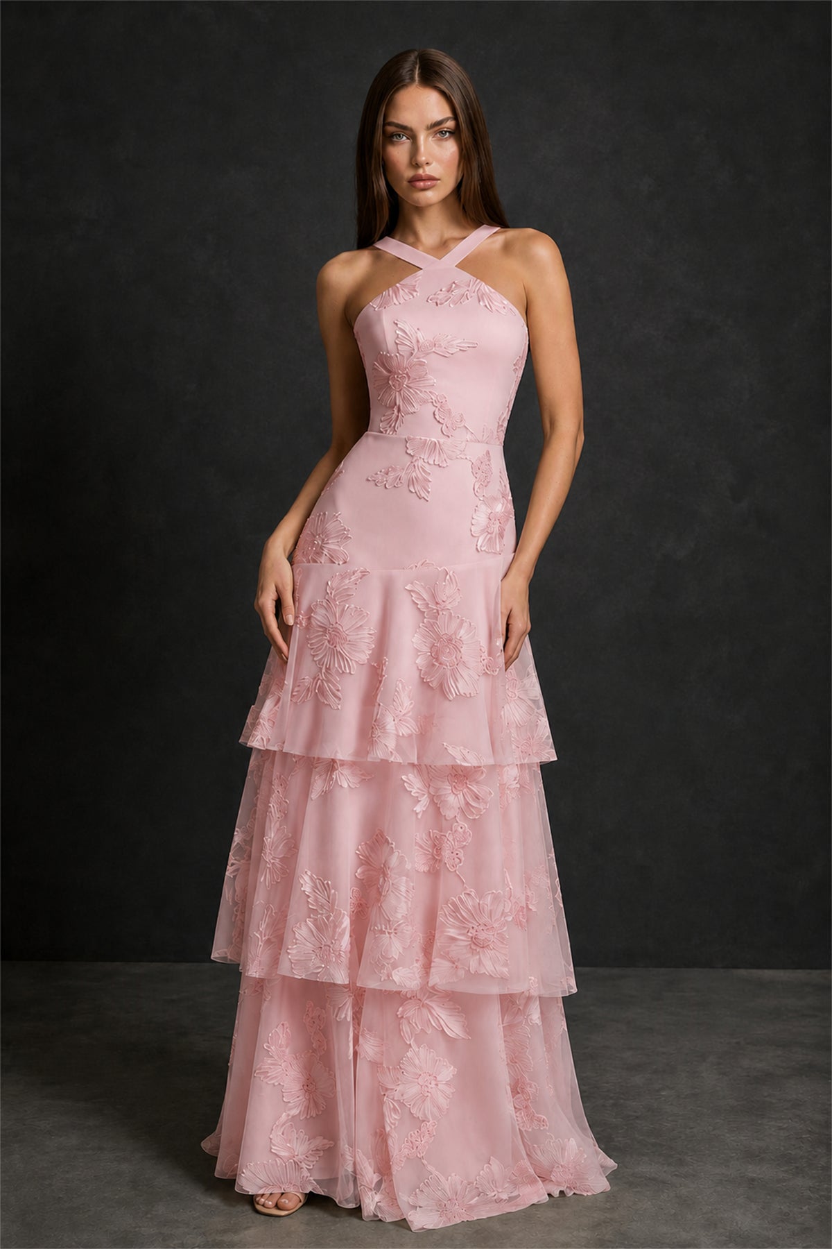 BOLODOO Blush Pink Crisscross Halter Neck Blush Pink Floral Embroidered Triple Tiered A-Line Tulle Maxi Dress - Blush Pink