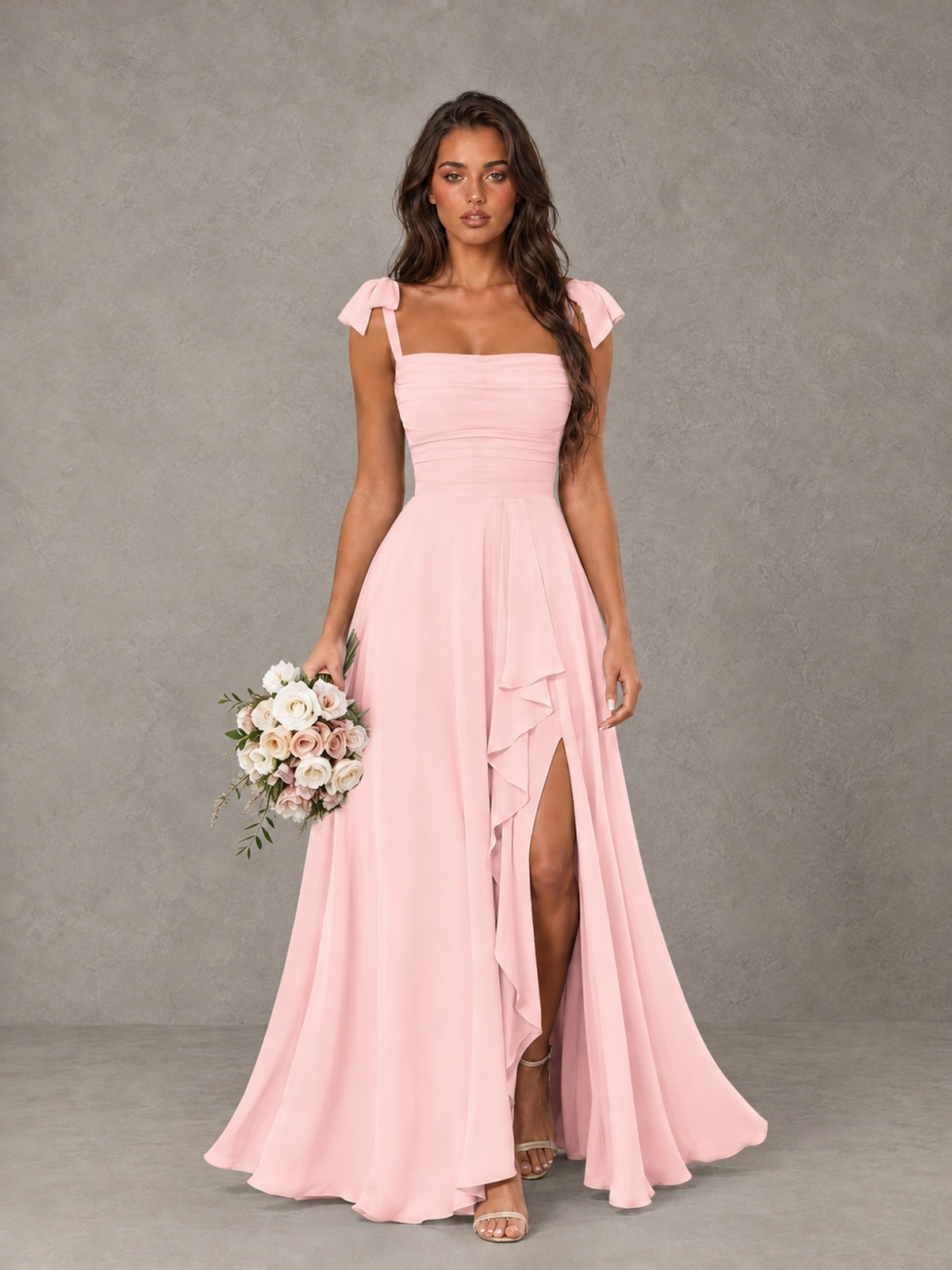 BOLODOO Blush Pink Bow-Strap Bridesmaid Dress with Ruffle Slit - Blush Pink - Blush Pink (1)