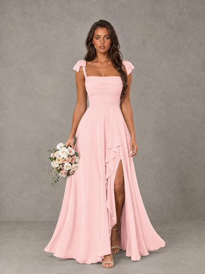 BOLODOO Blush Pink Bow-Strap Bridesmaid Dress with Ruffle Slit - Blush Pink - Blush Pink (1)
