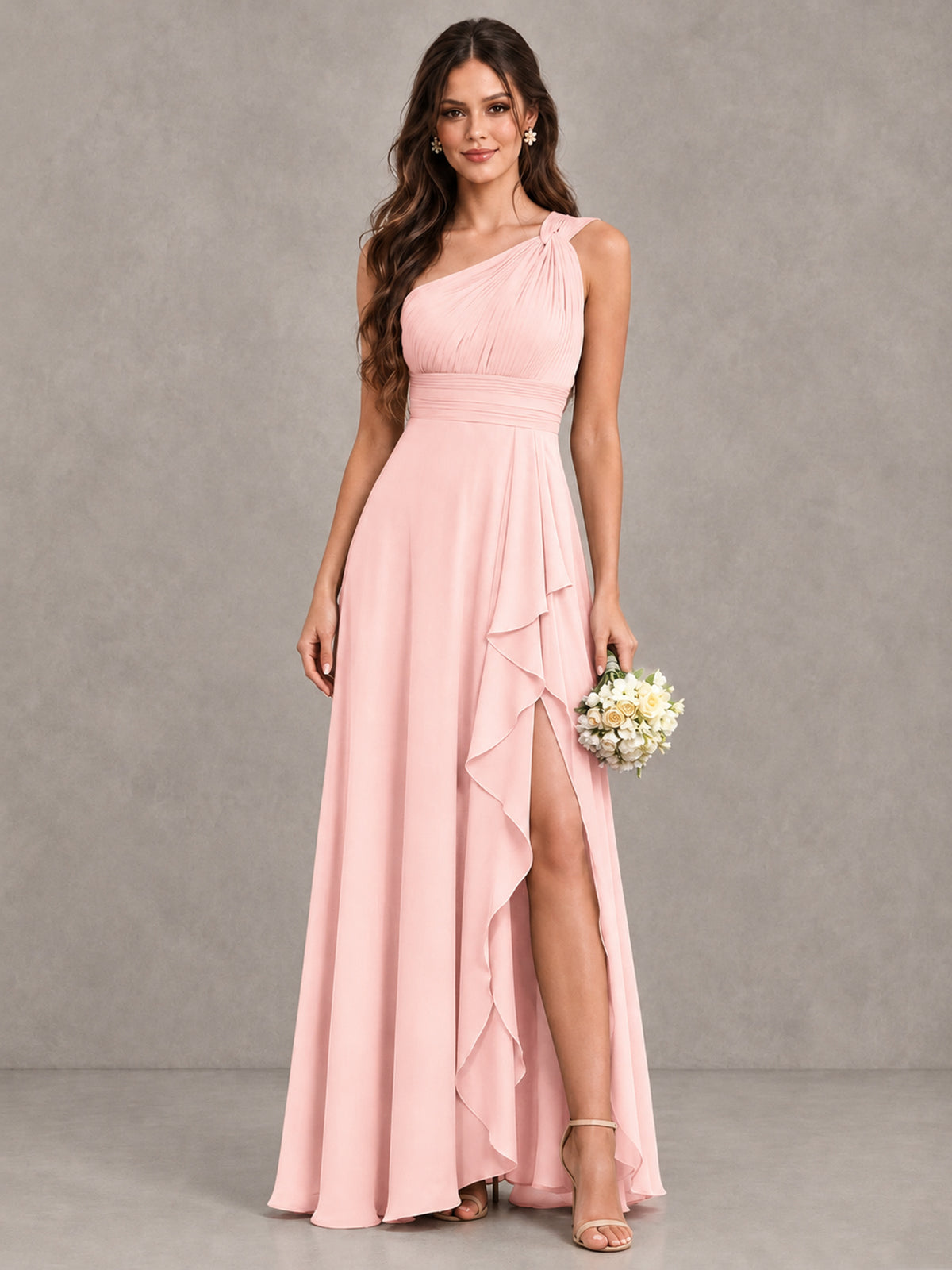 BOLODOO Blush Pink One-Shoulder Ruffle Bridesmaid Dress with Slit - Blush Pink - Blush Pink (1)