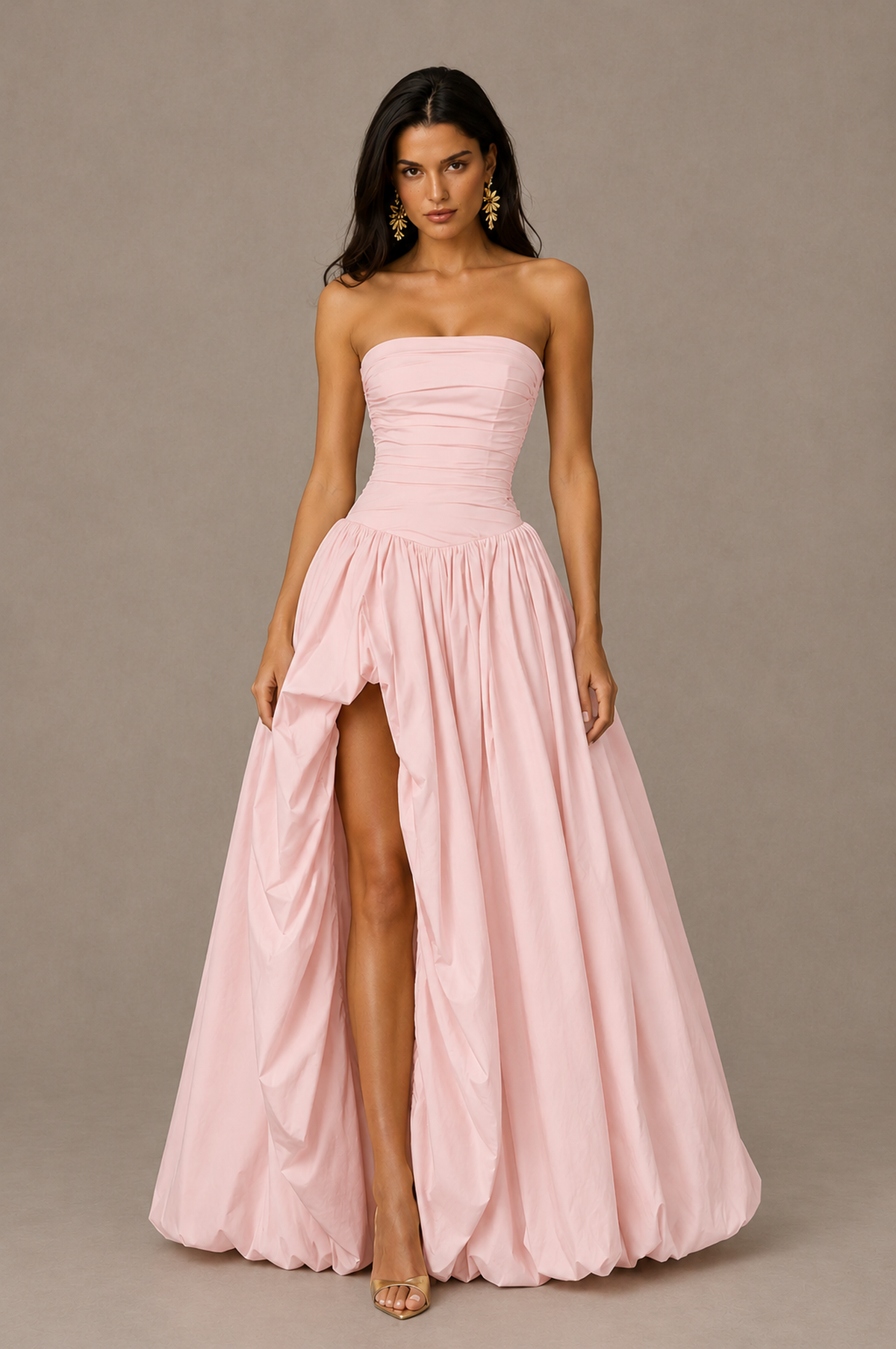 BOLODOO Blush Pink Strapless Ruched Corset Lace-Up Back Bubble Skirt High Slit Taffeta Maxi Dress - Blush Pink