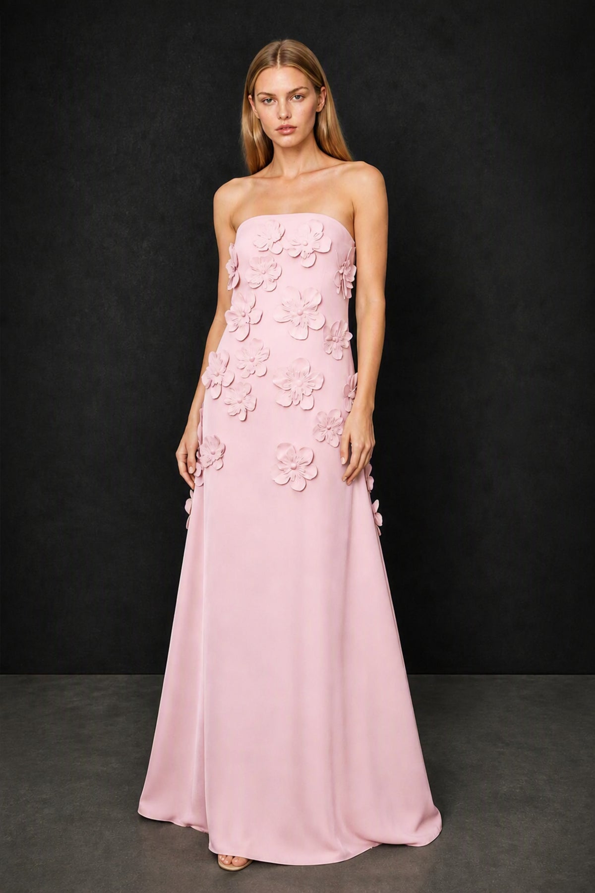 BOLODOO Blush Pink Strapless 3D Floral Appliqué Crepe Mermaid Maxi Gown - Blush Pink