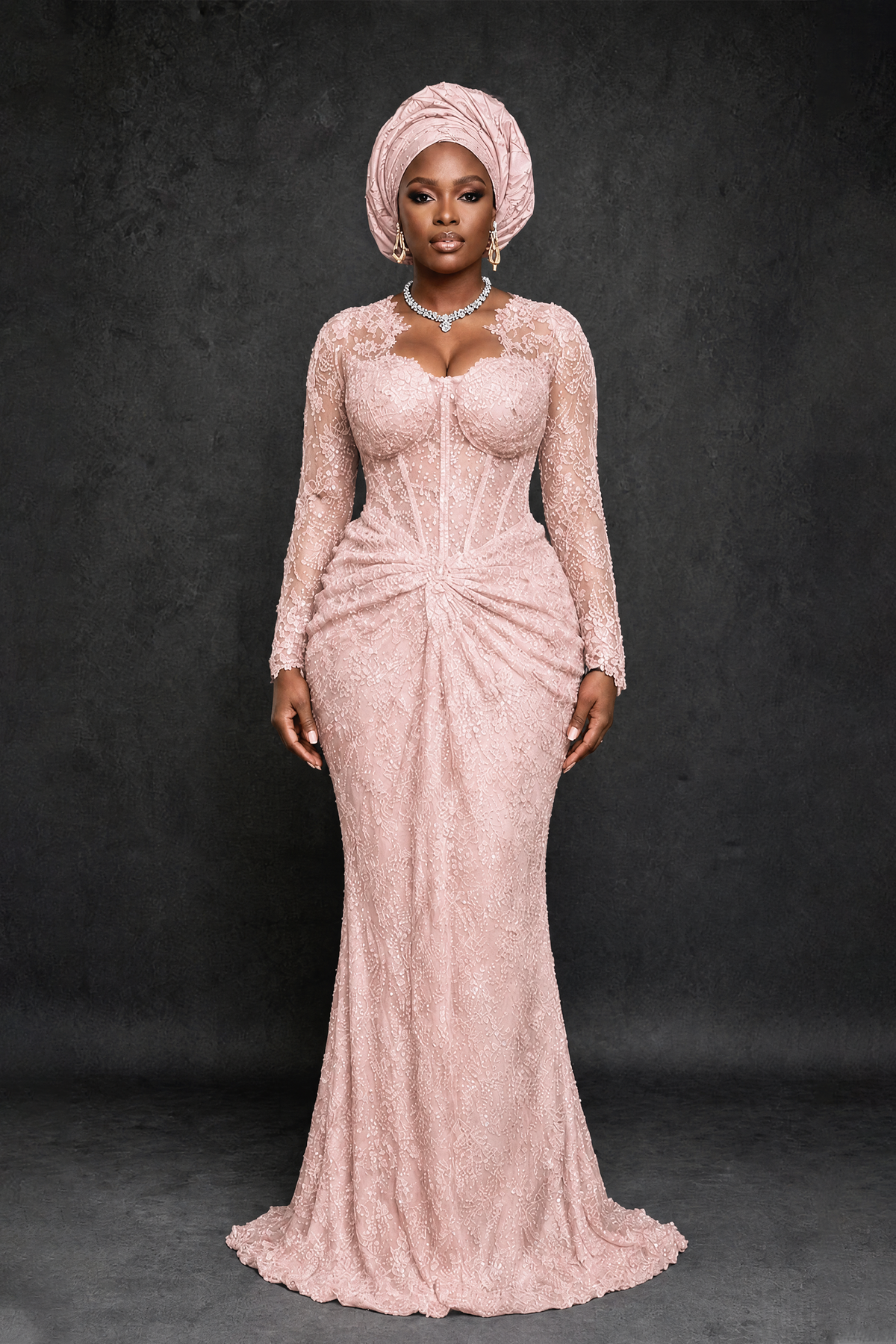 BOLODOO Blush Pink Beaded Lace Long Sleeve Mermaid Gown Sweetheart | Mother of the Bride - Blush Pink