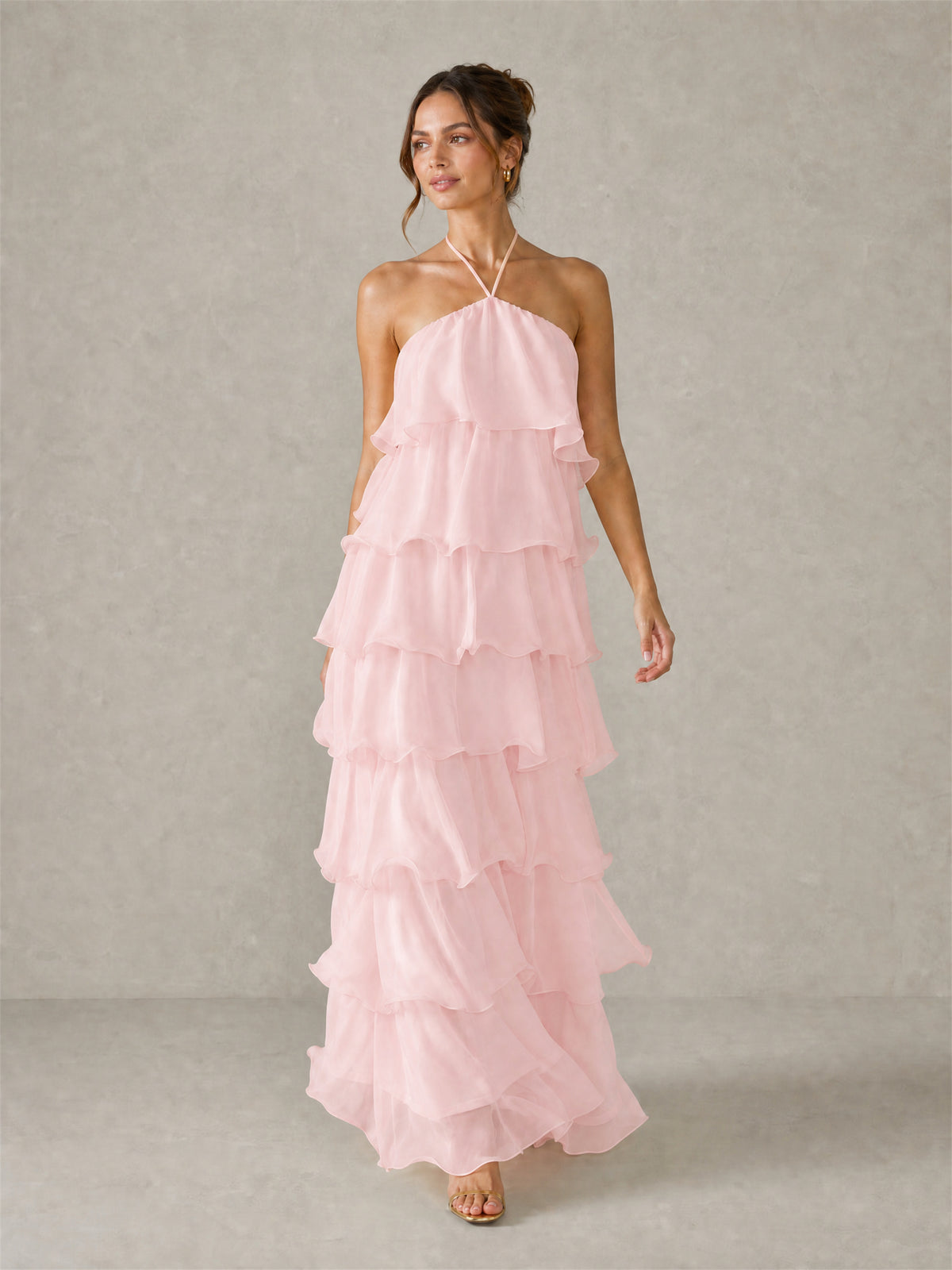 BOLODOO Blush Pink Halter Tiered Ruffle Chiffon Maxi Dress - Blush Pink