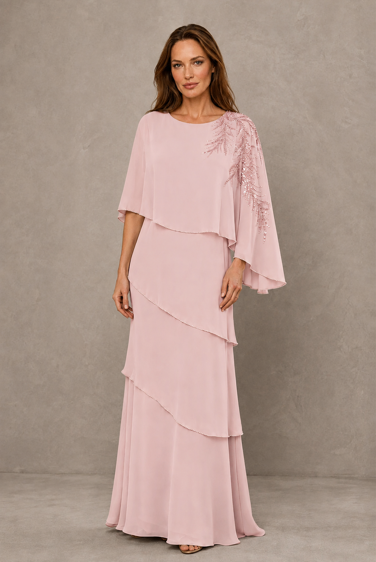BOLODOO Blush Pink Mocha Asymmetric Cape Sleeve Blush Pink Sequin Embroidered Pearl Trim Tiered Chiffon Gown - Blush Pink