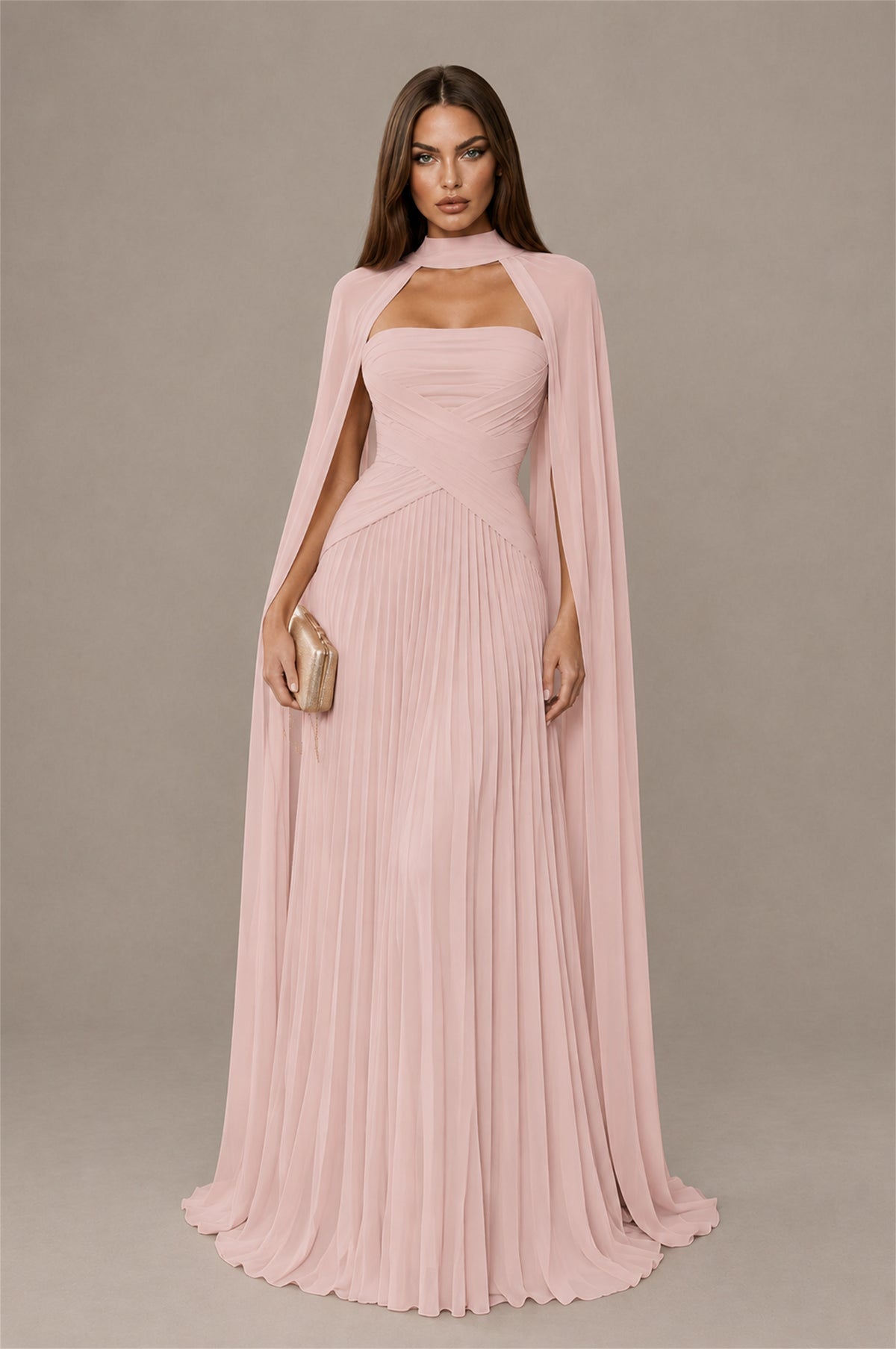 BOLODOO Blush Pink Strapless Crossover Ruched Bodice Detached Turtleneck Cape Lace-Up Back Pleated Chiffon Maxi Dress - Blush Pink
