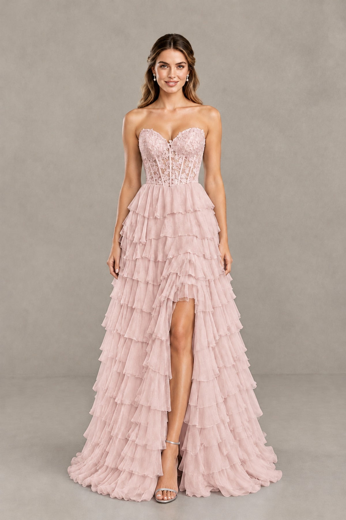 BOLODOO Blush Pink Strapless Lace Corset Tiered Ruffle Prom Dress with Slit - Blush Pink - Blush Pink (1)