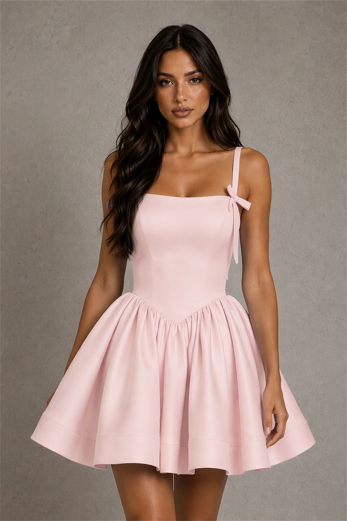 BOLODOO Baby Blush Pink Satin Square Neck Bow Strap Lace-Up Back Bubble Mini Dress | Cocktail Party Date Night Dress - Blush Pink