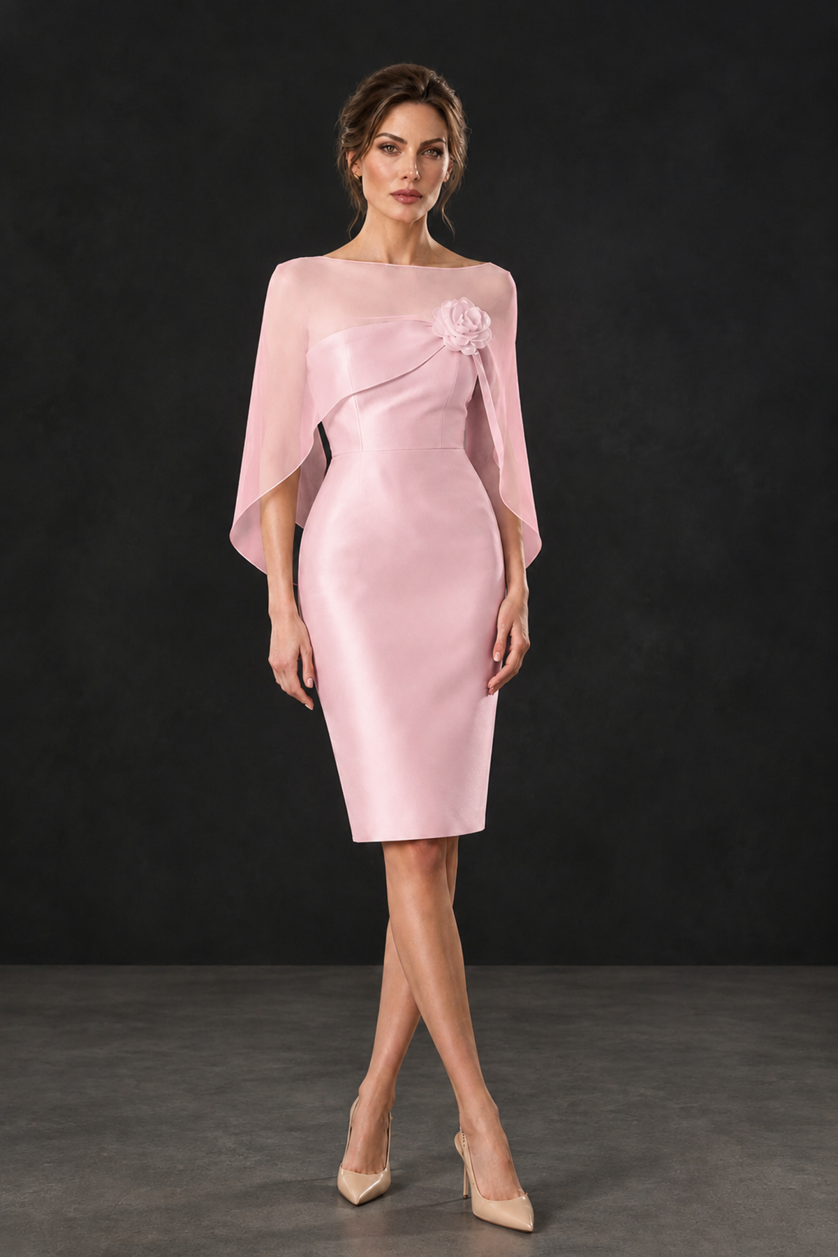 BOLODOO Blush Pink Cape Knee-Length Mother of the Bride Dress - Blush Pink - Blush Pink (1)