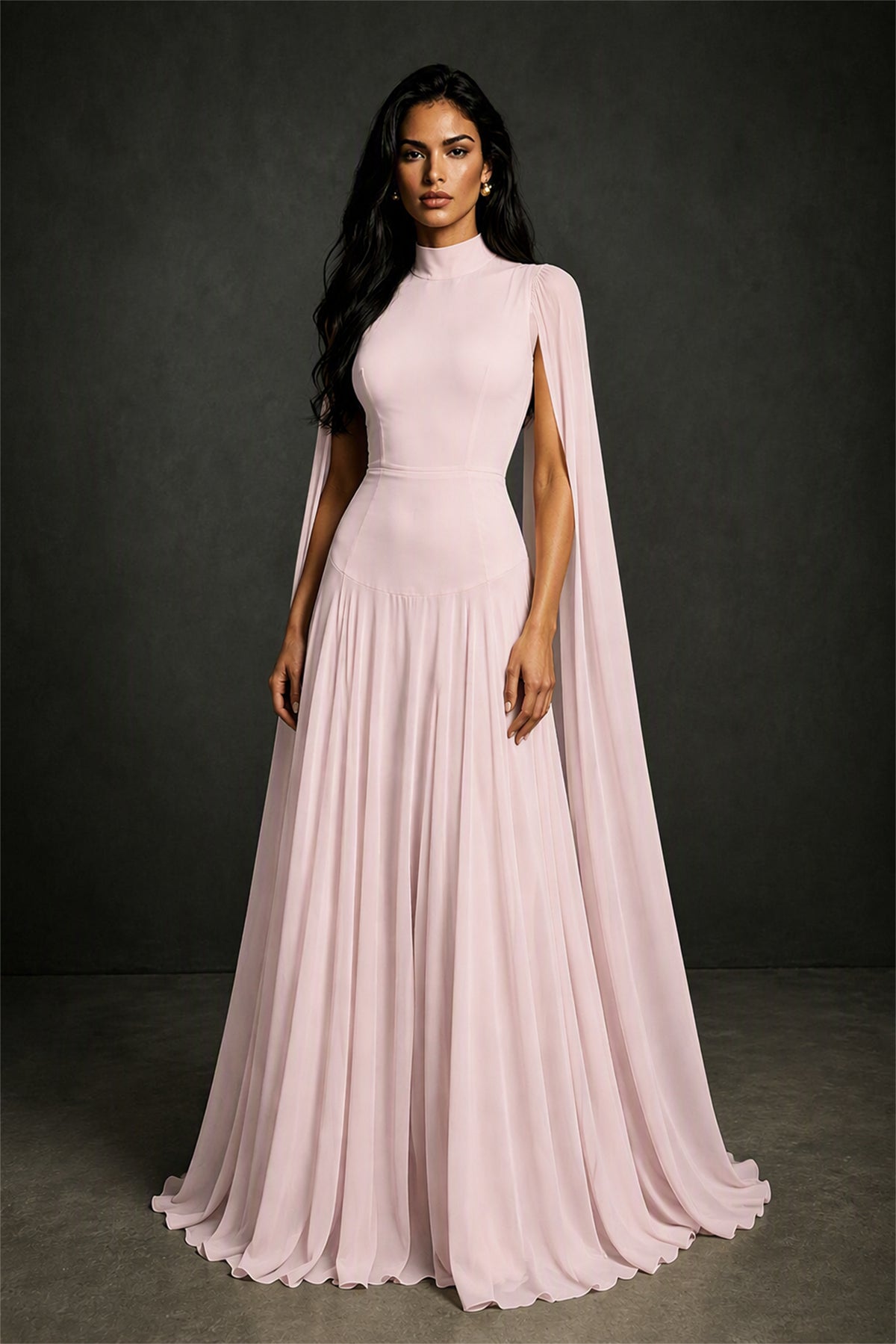 BOLODOO Blush Pink Mock Neck Cape Sleeve A-Line Chiffon Maxi Dress - Blush Pink